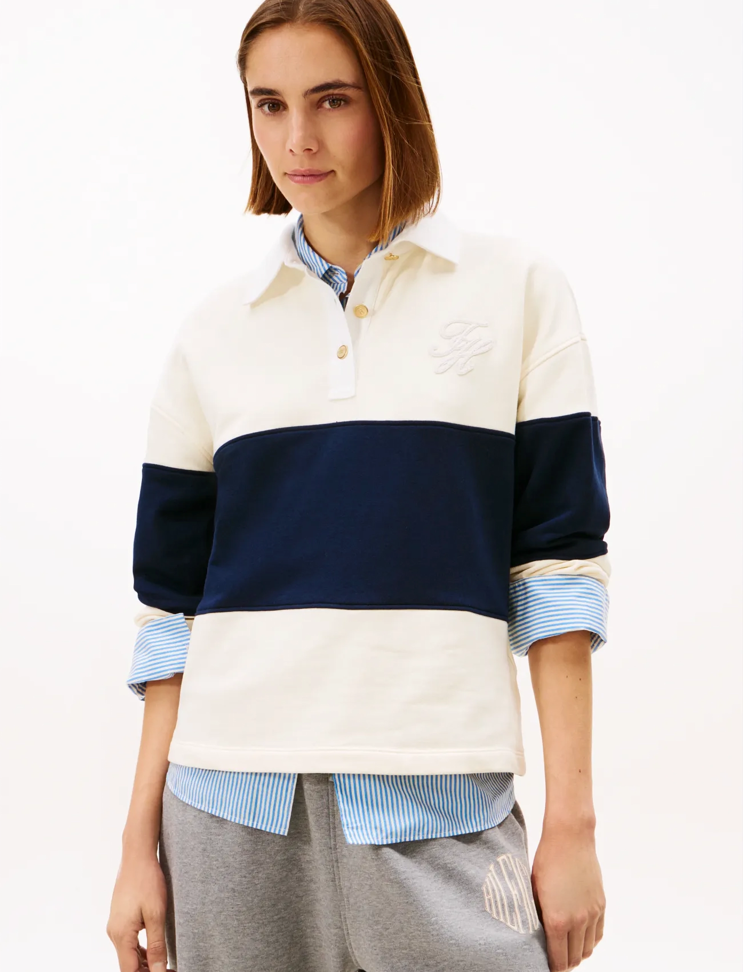 Tommy Hilfiger Gold Btn Rugby Terry Swtsrt, XS, Cream, T-Shirts & Toppe > Langærmede, Dame