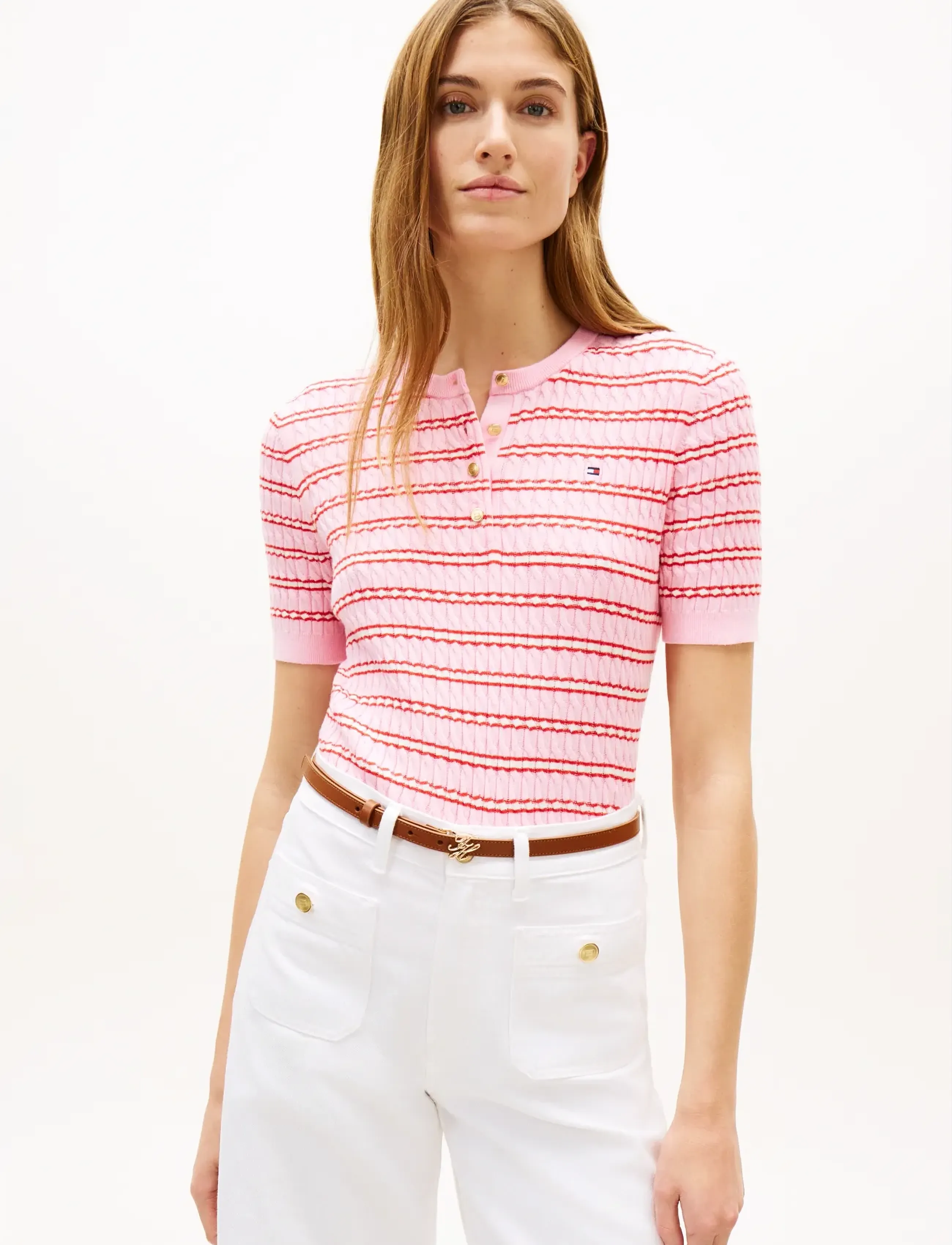 Tommy Hilfiger Co Cable Fine Gg Ss Henley, XS, Pink, Strik > Trøjer, Dame