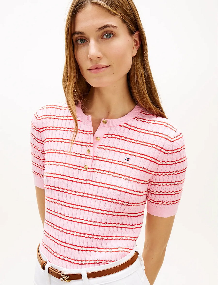 Tommy Hilfiger - CO CABLE FINE GG SS HENLEY - kampsunid - preppy stp classic pink fireworks - 4