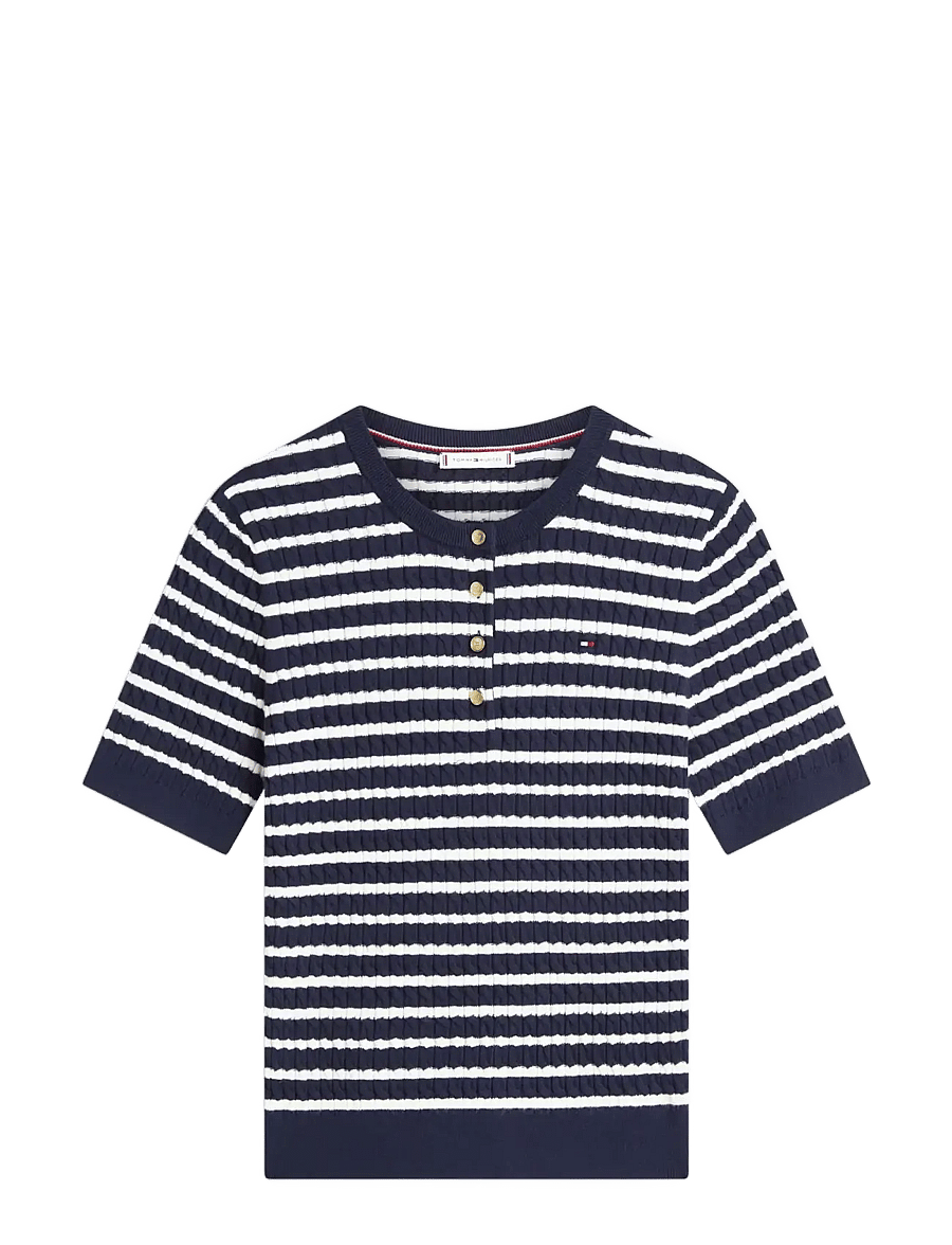 Tommy Hilfiger - CO CABLE FINE GG SS HENLEY - kampsunid - dark night navy ivory petal stp - 1