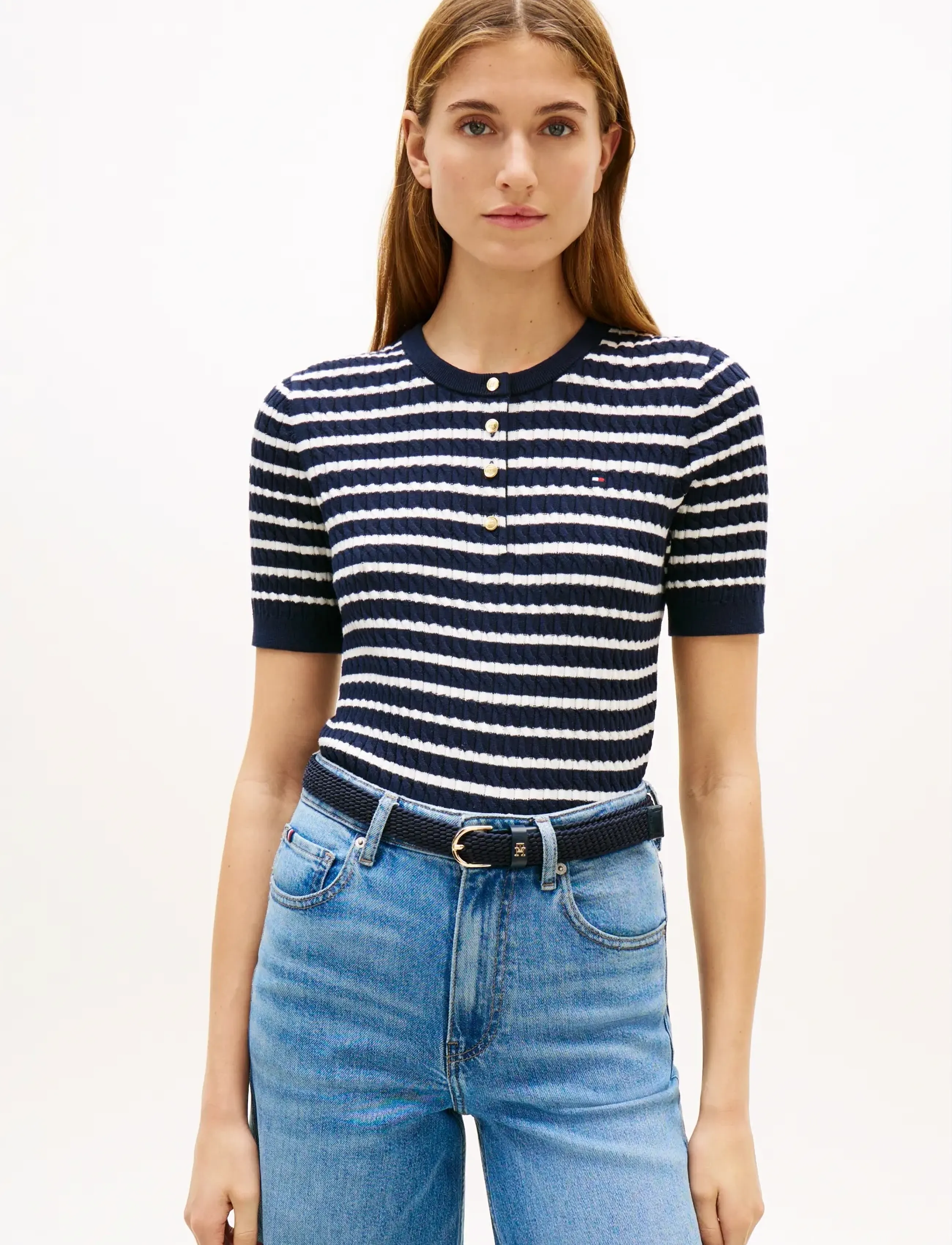 Tommy Hilfiger Co Cable Fine Gg Ss Henley, S, Navy, Strik > Trøjer, Dame