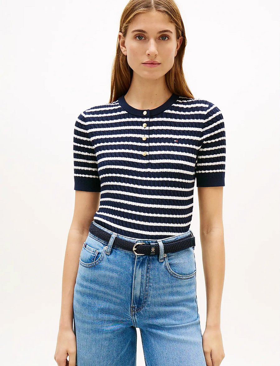 Tommy Hilfiger - CO CABLE FINE GG SS HENLEY - kampsunid - dark night navy ivory petal stp - 0