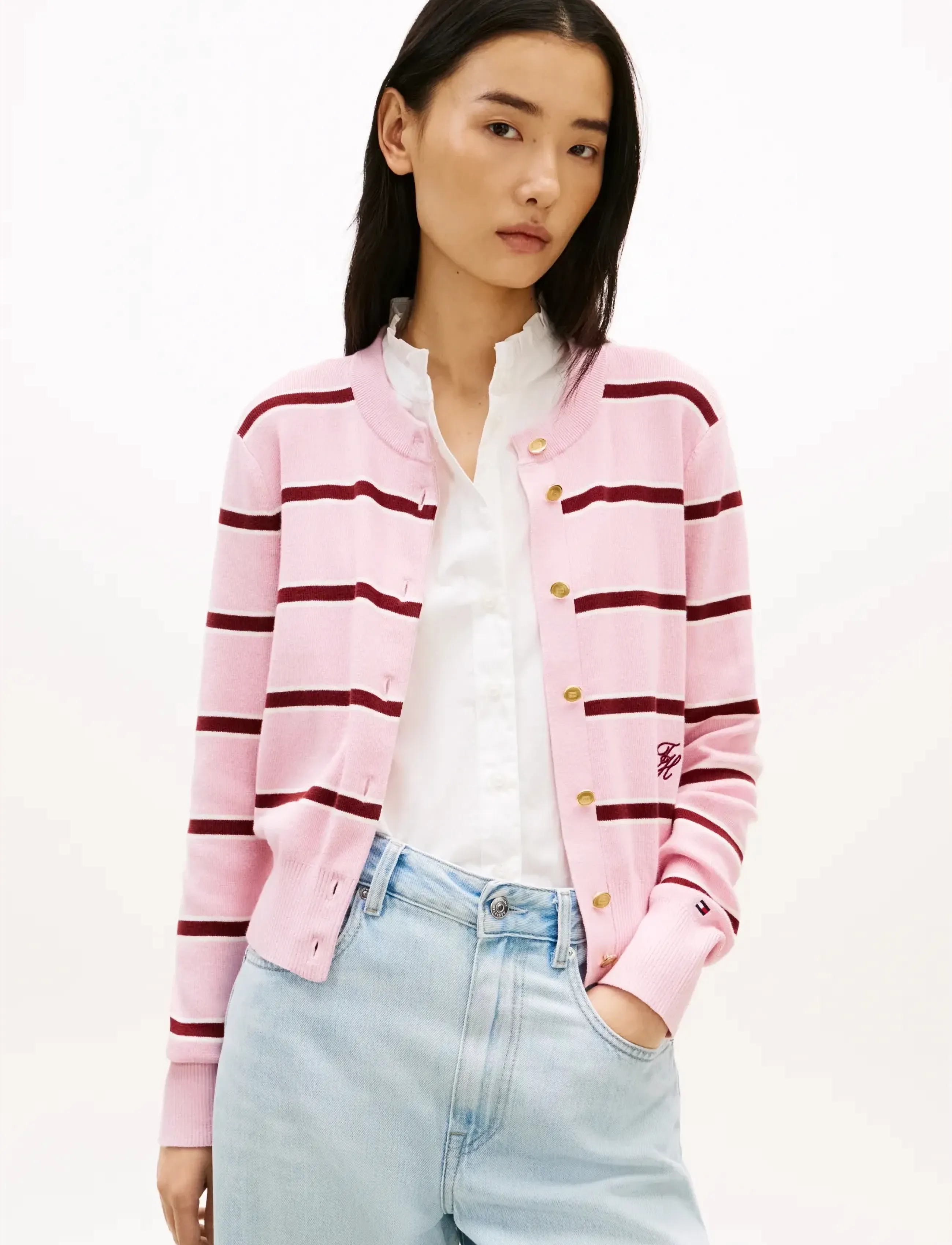 Tommy Hilfiger CO FULL NEEDLE C-NK CARDI - Tommy Hilfiger - PINK IVORY LIBERTY RED STP / pink/rose