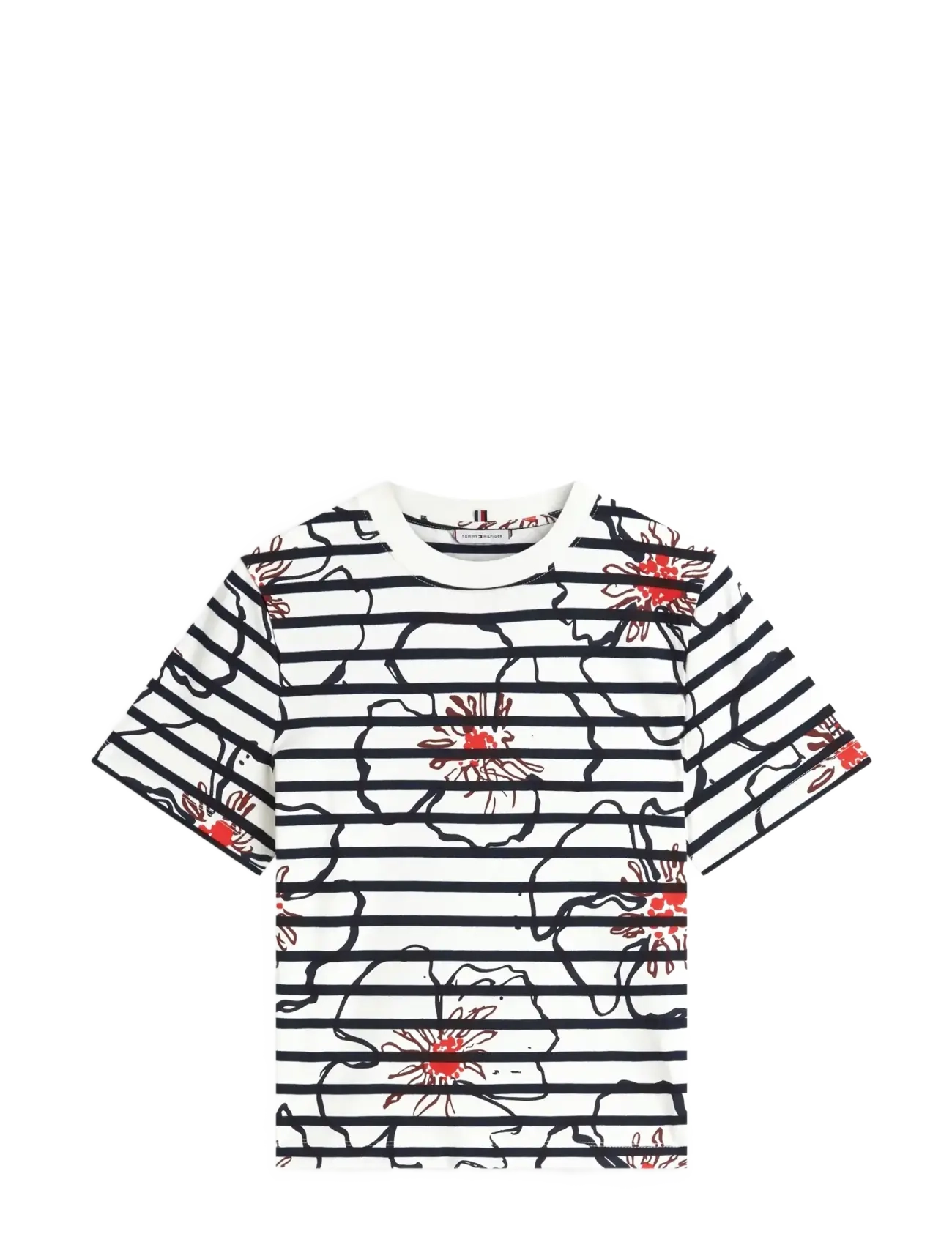 Tommy Hilfiger FLOWER GRAPHIC REG C-NK SS TEE - T-Shirts & Tops - BRETON STP IVORY SILK   NAVY POPPY / white