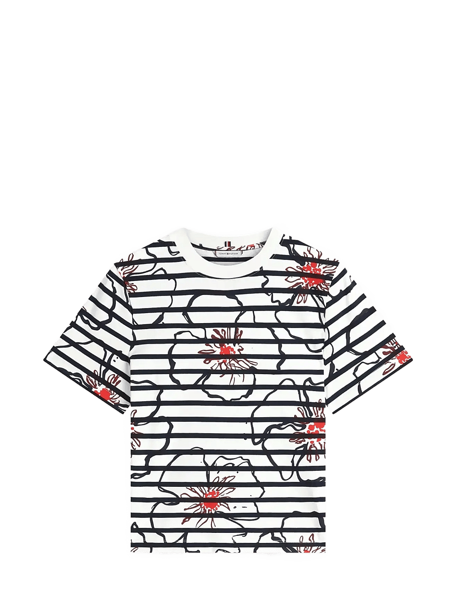 Tommy Hilfiger - FLOWER GRAPHIC REG C-NK SS TEE - t-shirts - breton stp ivory silk navy poppy - 1