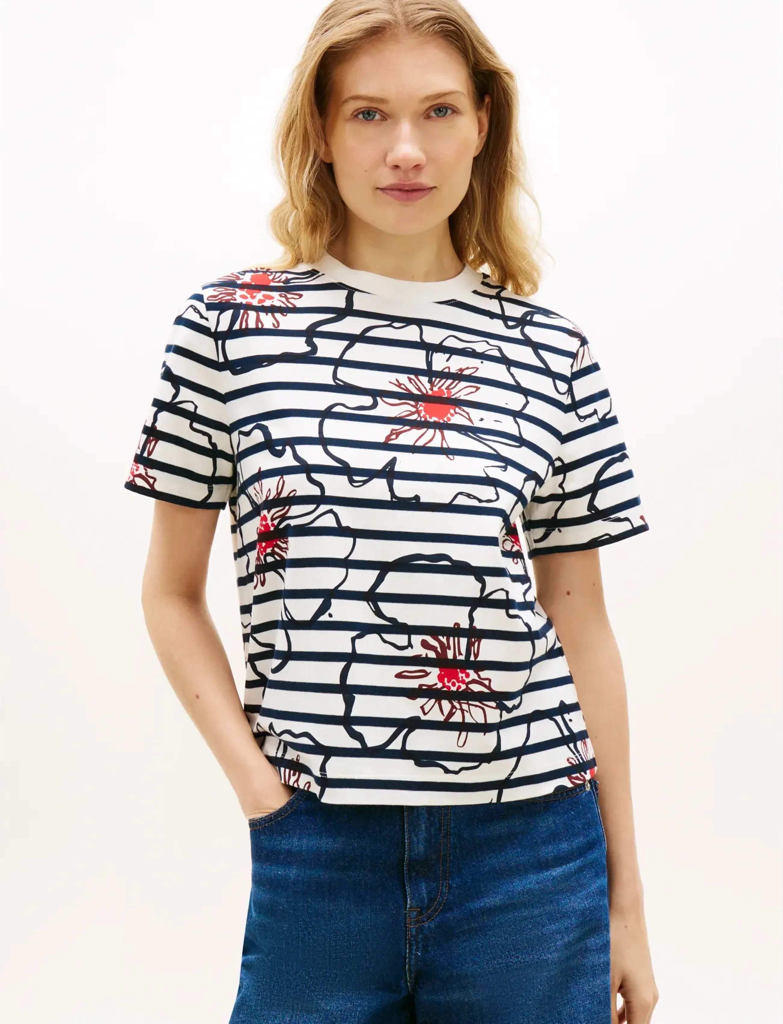 Tommy Hilfiger FLOWER GRAPHIC REG C-NK SS TEE - Tommy Hilfiger - BRETON STP IVORY SILK   NAVY POPPY / white