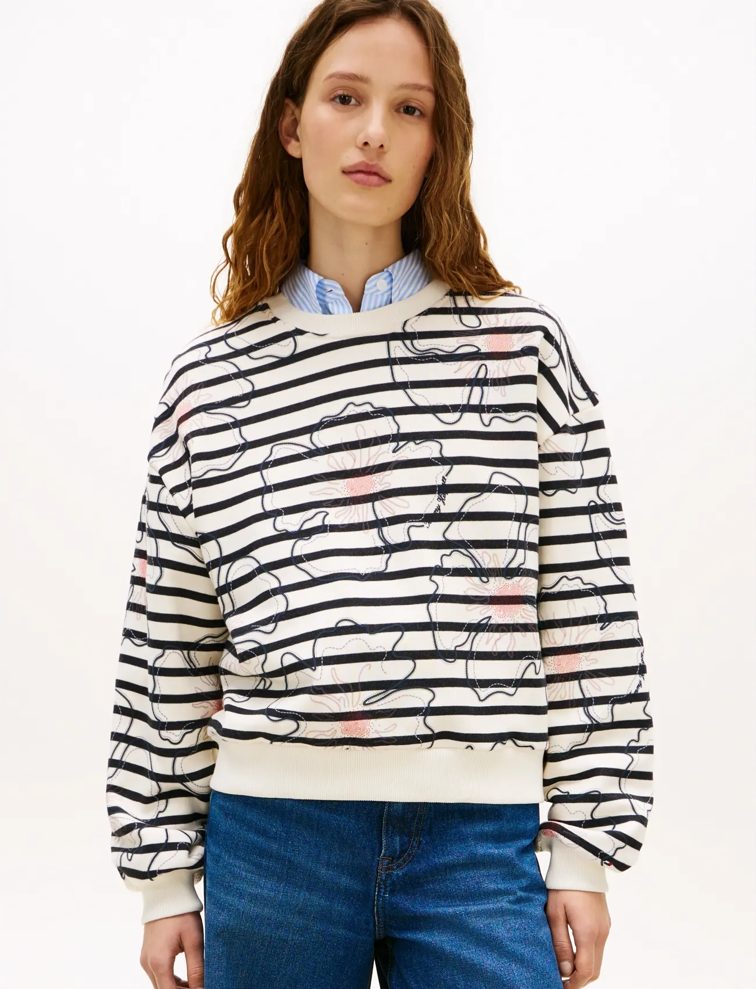 Tommy Hilfiger FLOWER GRAPHIC SWEATSHIRT - Sweatshirts - BRETON STP IVORY SILK   NAVY POPPY / black