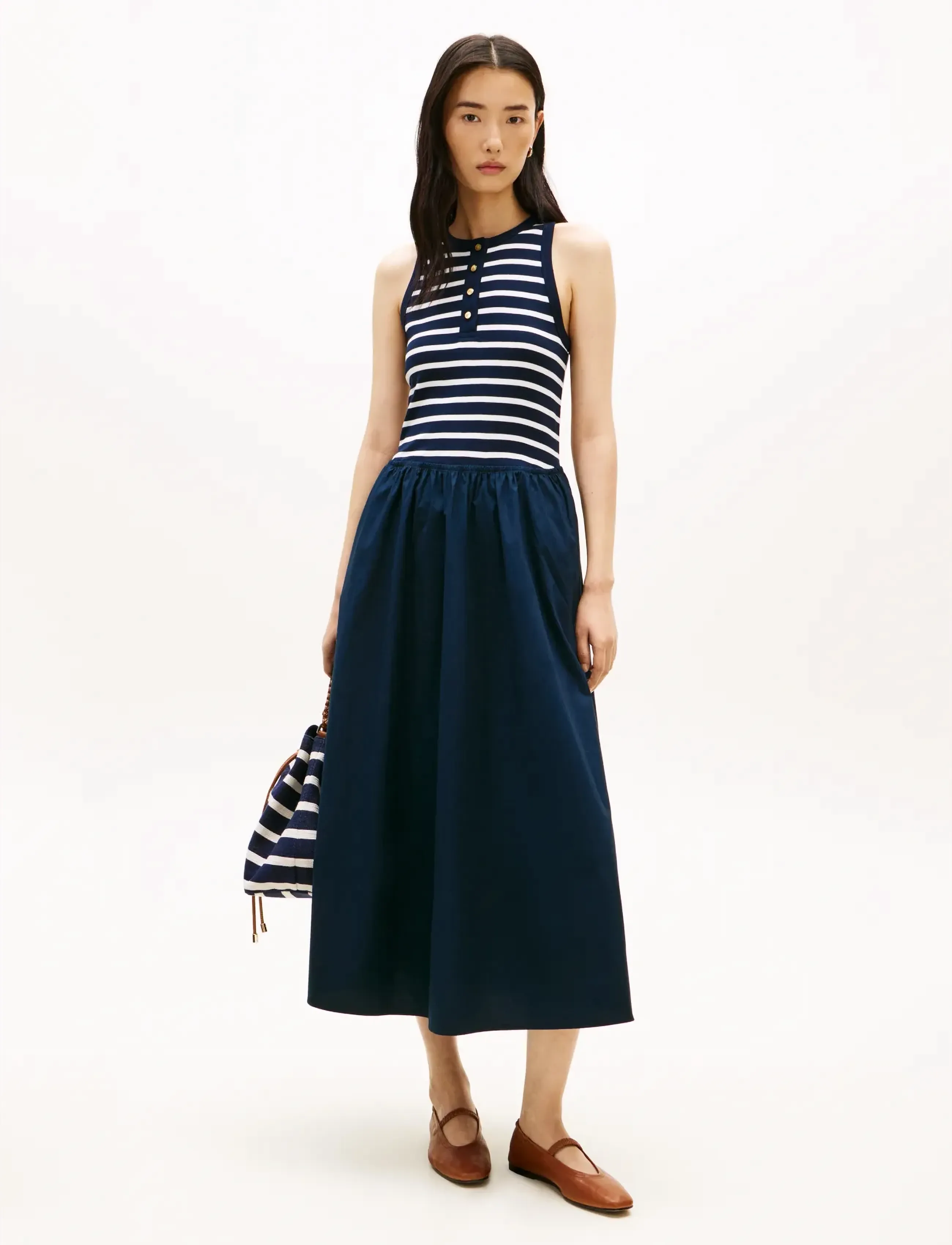 Tommy Hilfiger Gold Button Poplin Mix Dress, S, Dresses, Marineblau - Knee-length & Midi, Frauen