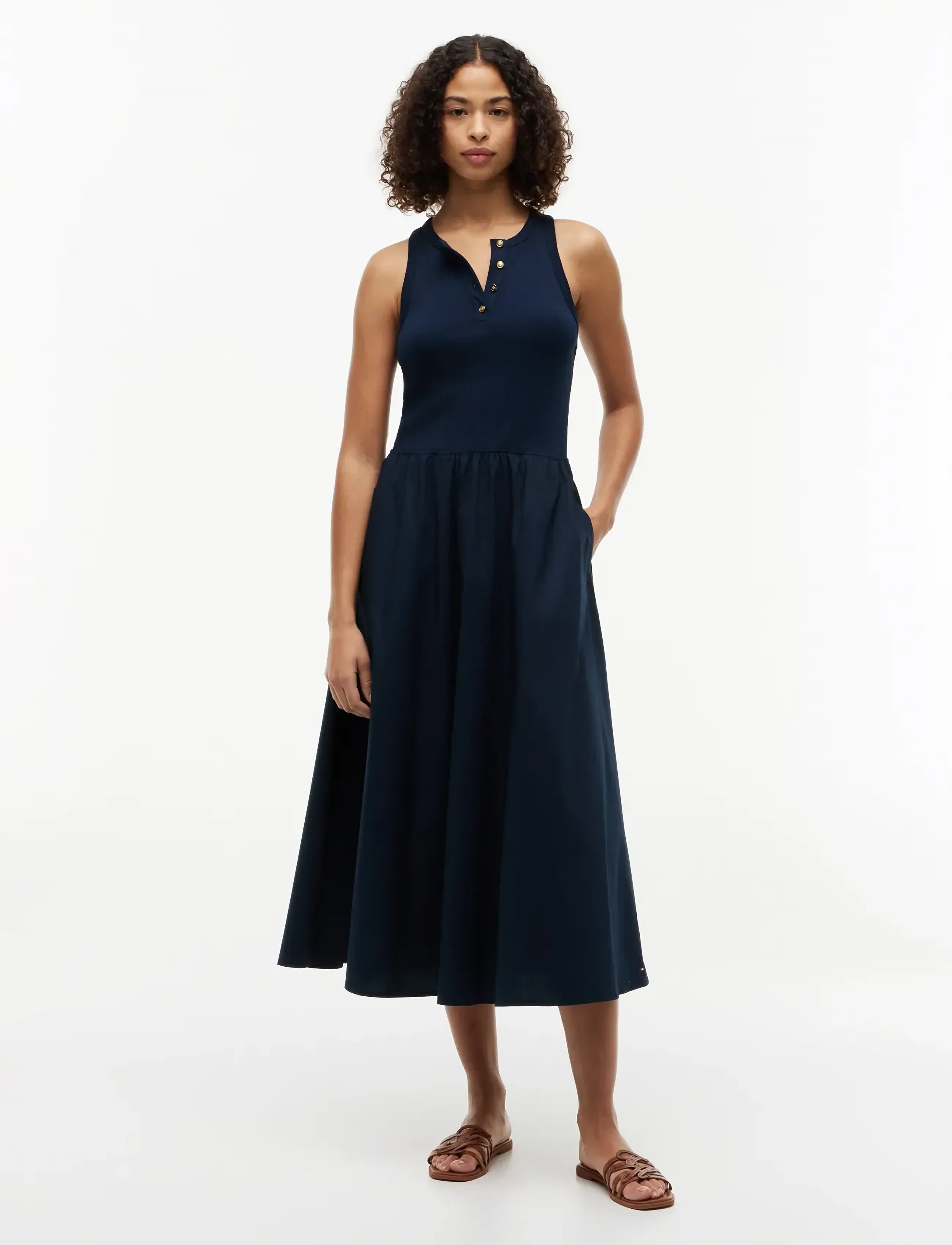 Tommy Hilfiger Gold Button Poplin Mix Dress, M, Dresses, Marineblau - Knee-length & Midi, Frauen