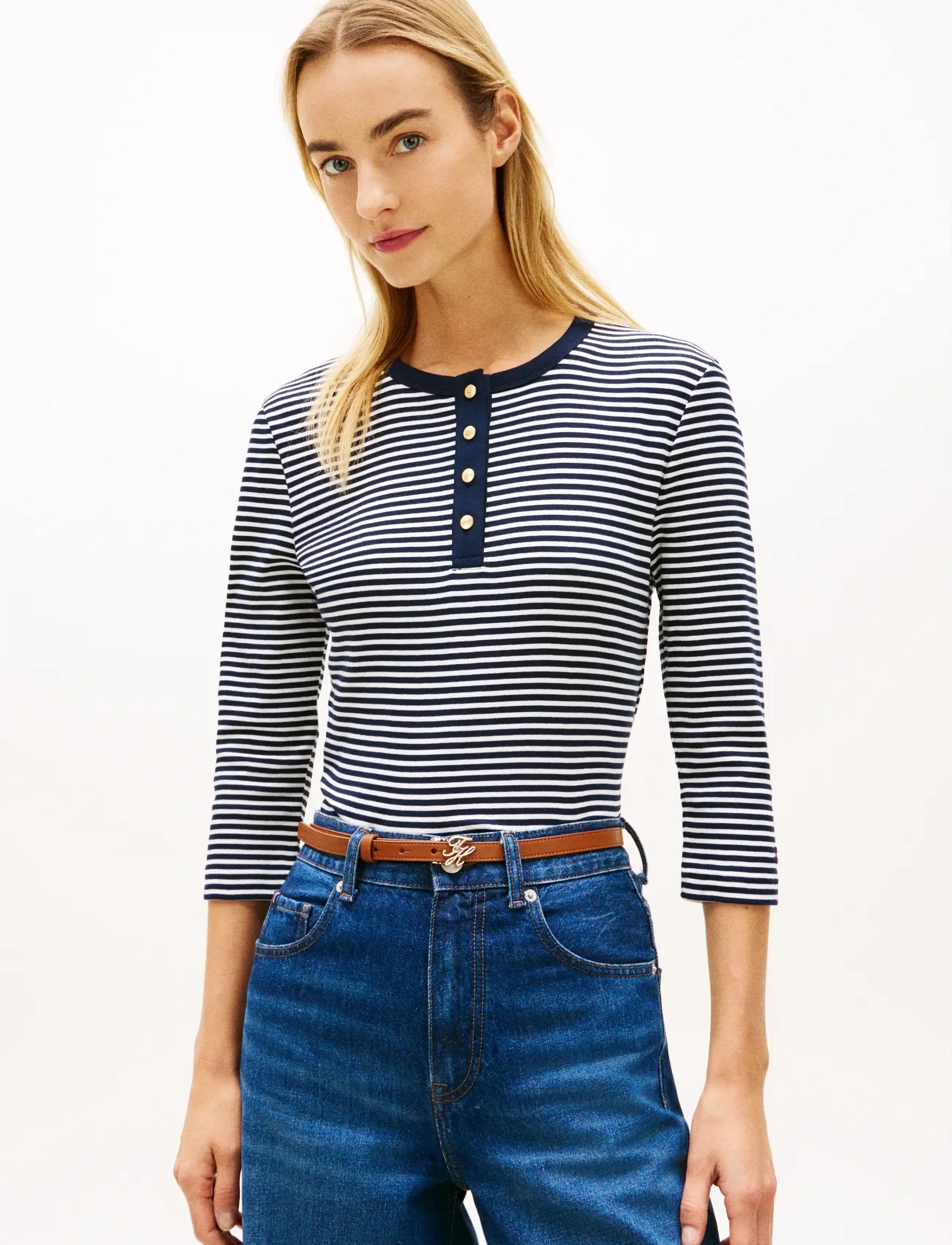 Tommy Hilfiger GOLD BUTTON SLIM HENLEY 3/4 - Langærmede toppe - SMALL BRT STP DARK NIGHT    ECRU / navy