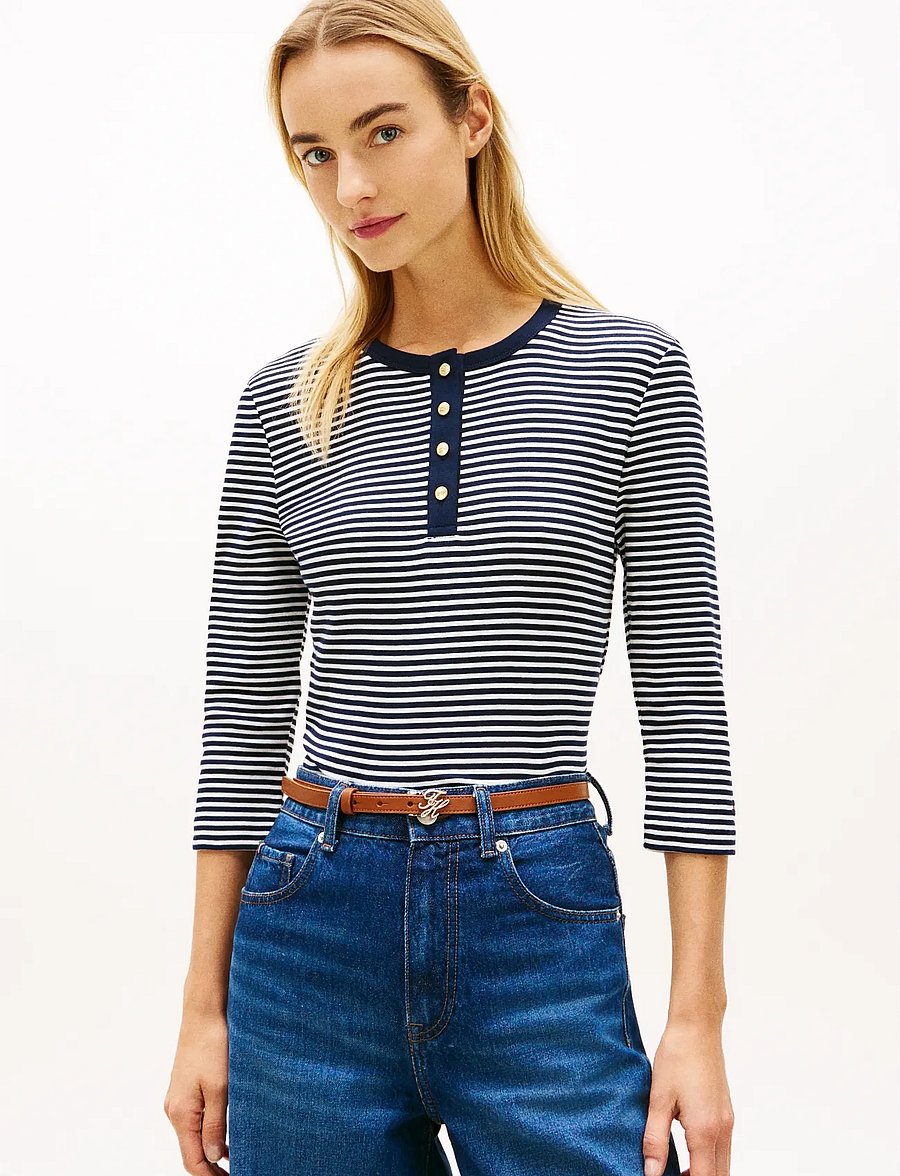 Tommy Hilfiger - GOLD BUTTON SLIM HENLEY 3/4 - långärmade toppar - small brt stp dark night ecru - 0