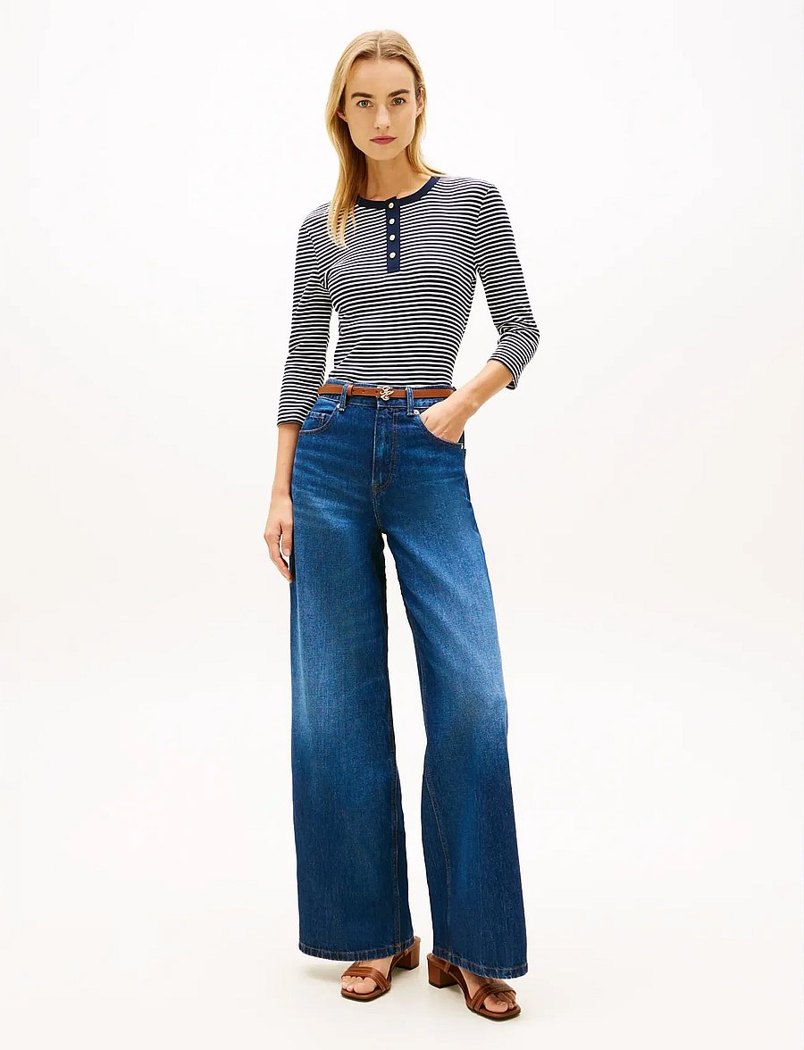 Tommy Hilfiger - GOLD BUTTON SLIM HENLEY 3/4 - långärmade toppar - small brt stp dark night ecru - 3