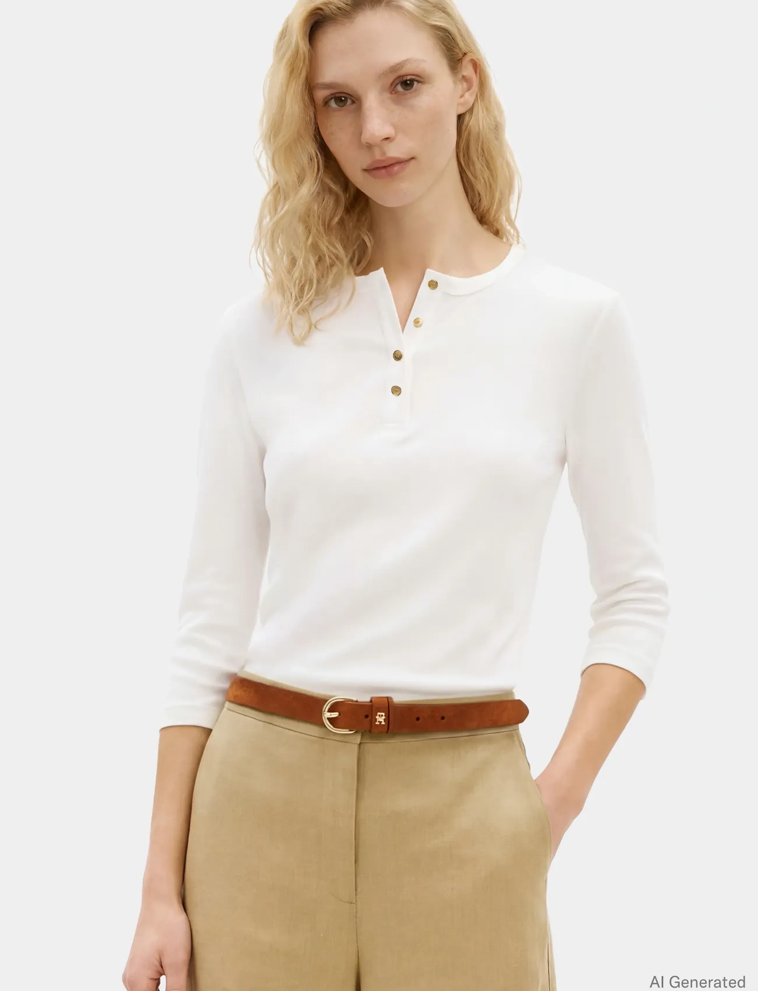 Tommy Hilfiger Gold Button Slim Henley 3/4, M, T-shirts & Oberteile, Creme - Long-sleeved, Frauen