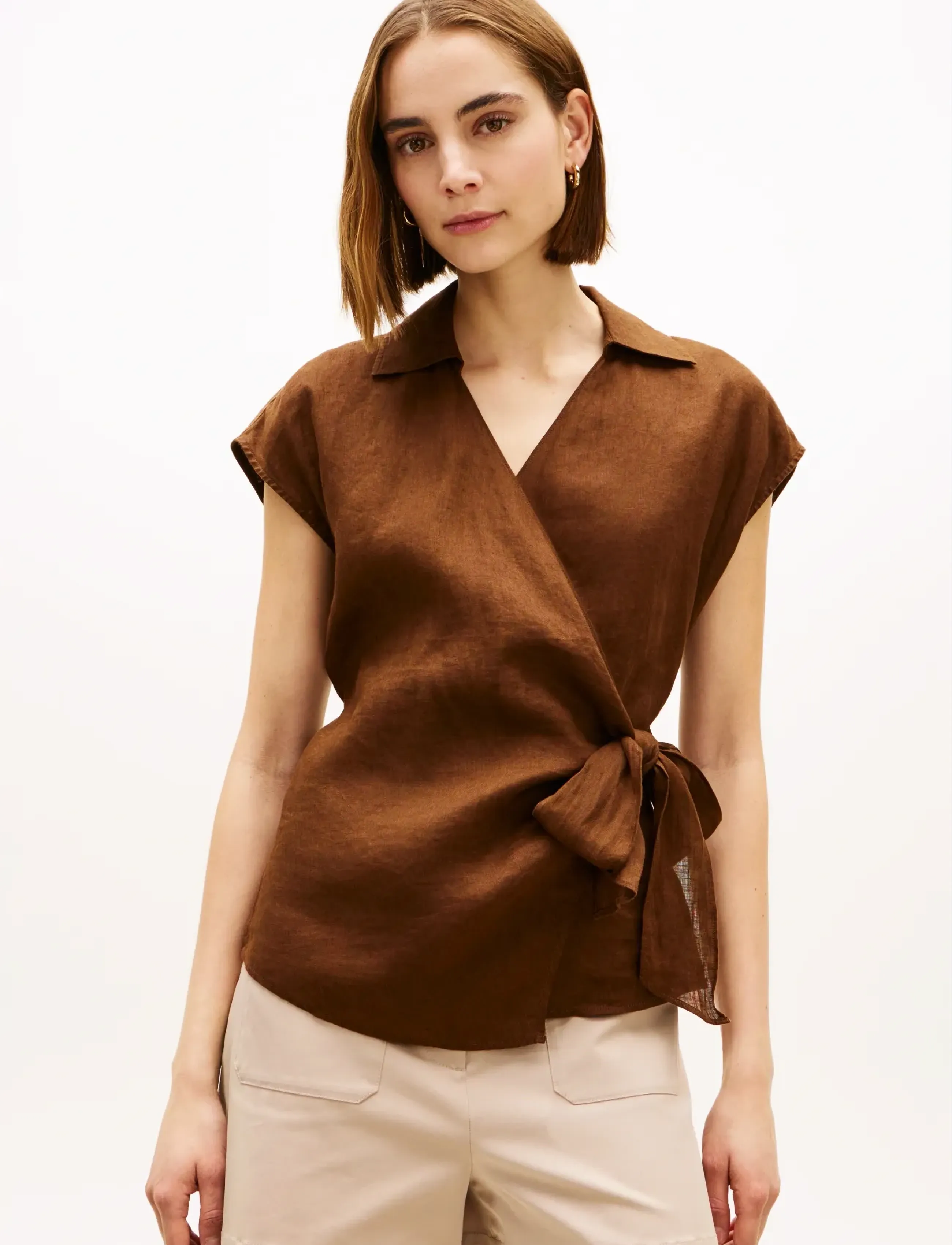 Tommy Hilfiger LINEN KNOT NS TOP - Chemisier & Chemises - LEGACY BROWN / brown