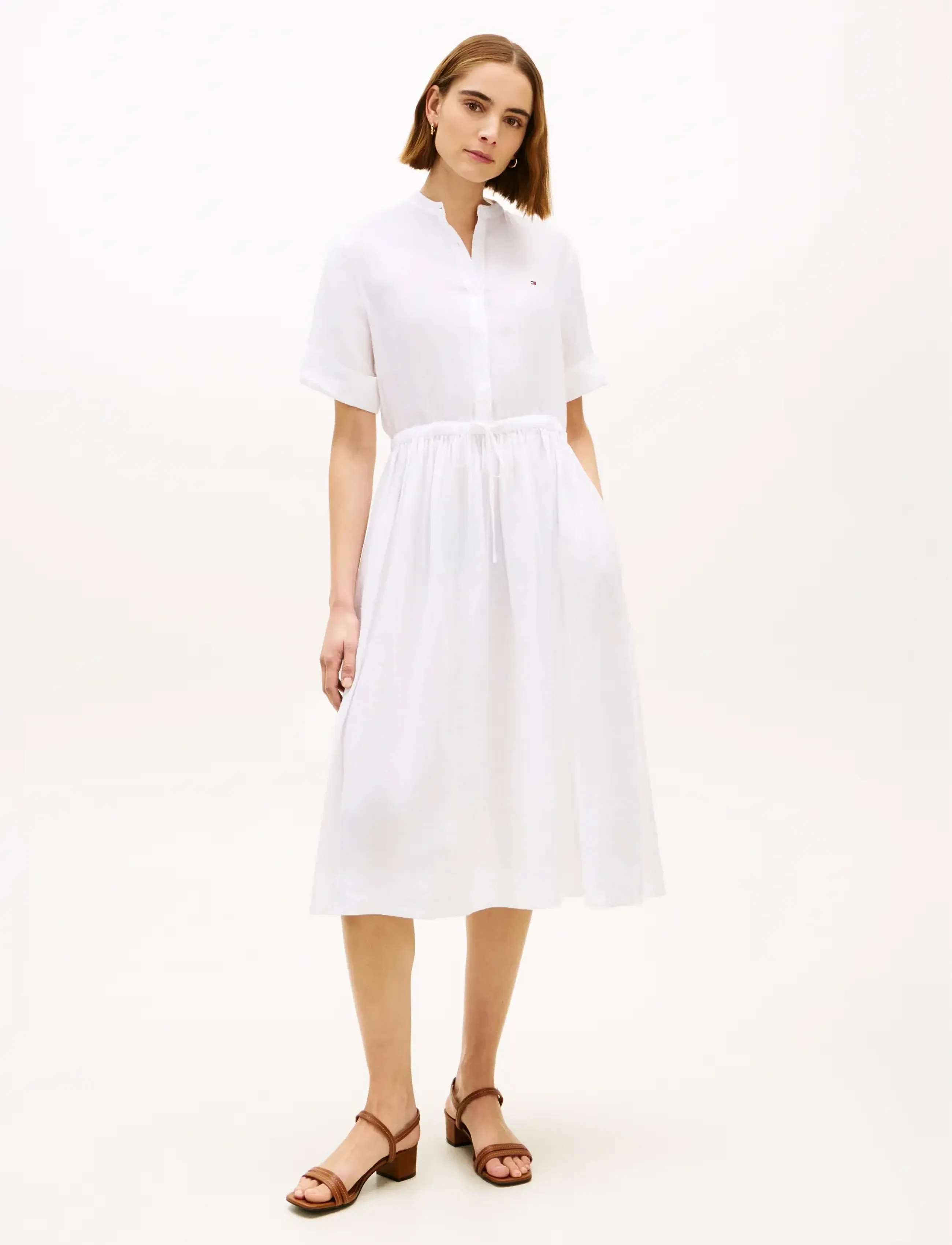 Tommy Hilfiger Ess Linen Midi Ss Shirt Dress, Kvinder, Kortærmet Midi Skjortekjole, Hvid, Str: L