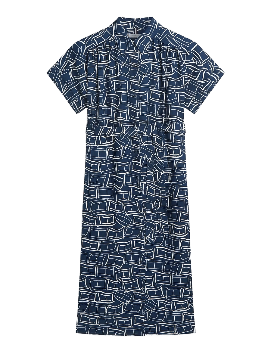 Tommy Hilfiger - LINEN BELTED KNEE SS SHIRT DRESS - skjortekjoler - flag feathers dark night navy - 1