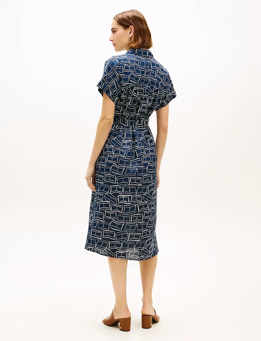 Tommy Hilfiger - LINEN BELTED KNEE SS SHIRT DRESS - skjortekjoler - flag feathers dark night navy - 2