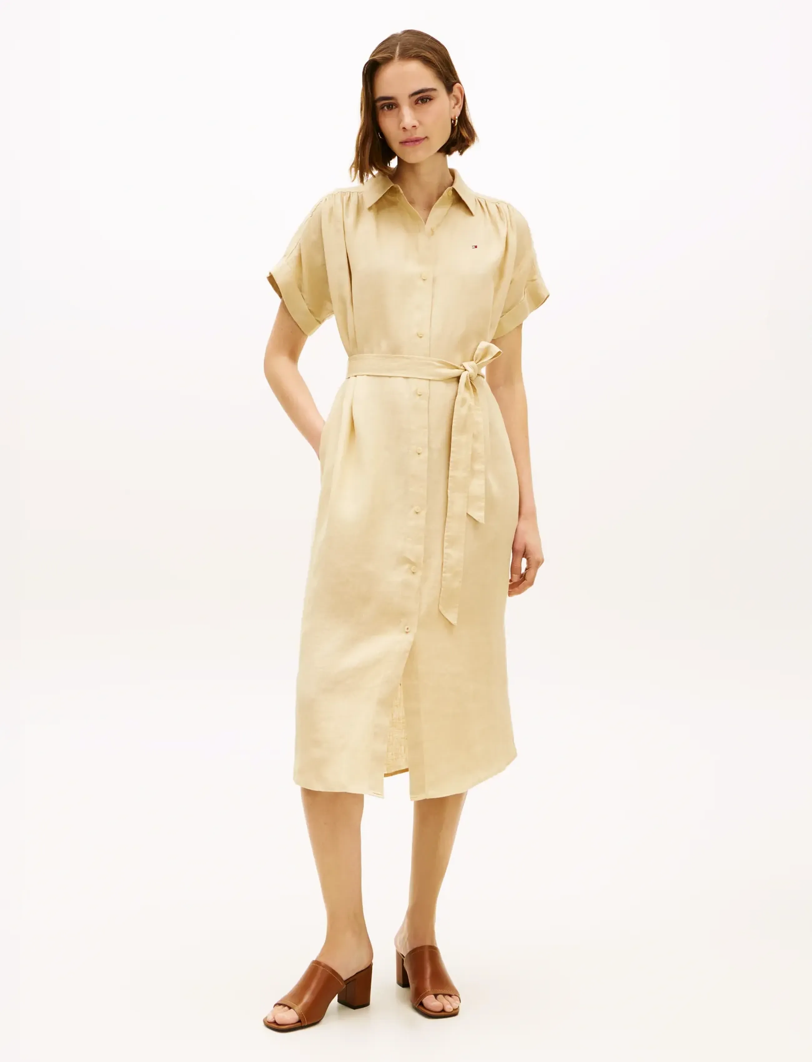Tommy Hilfiger LINEN BELTED KNEE SS SHIRT DRESS - Kleider - HARVEST WHEAT / beige