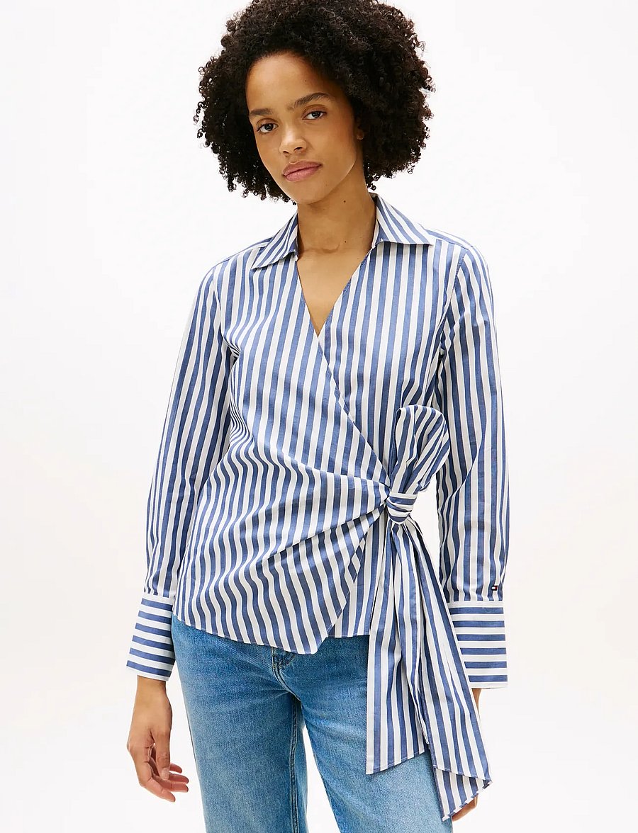 Tommy Hilfiger - POPLIN KNOT BLOUSE WITH LS - langärmelige blusen - wide banker stp ecru seashore navy - 0