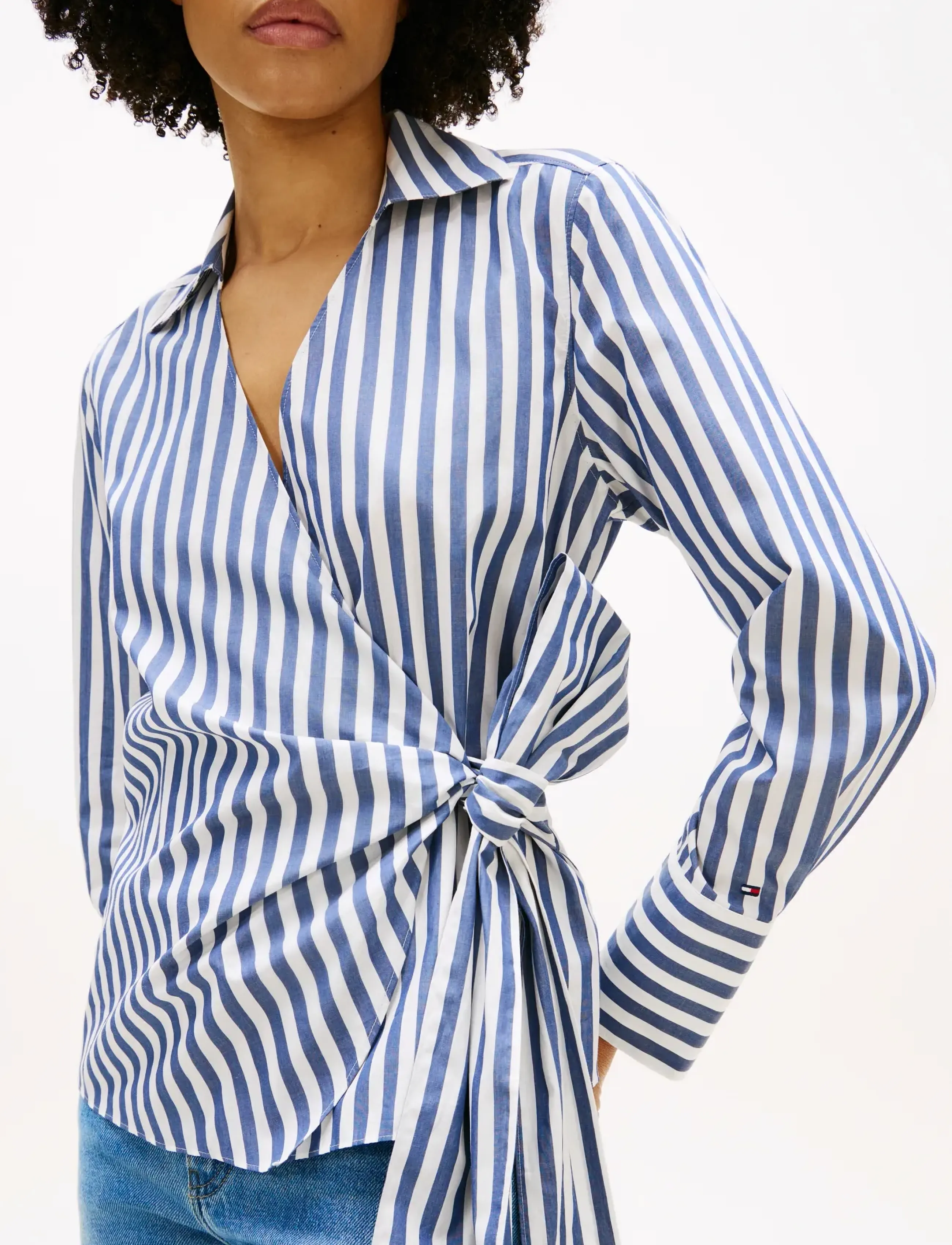 Tommy Hilfiger - POPLIN KNOT BLOUSE WITH LS - long sleeved blouses - wide banker stp ecru seashore navy - 4