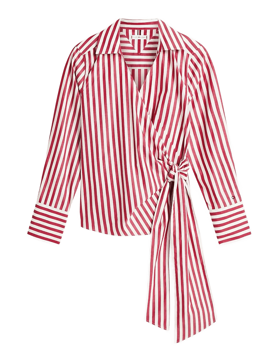 Tommy Hilfiger - POPLIN KNOT BLOUSE WITH LS - blūzes ar garām piedurknēm - wide banker stp ecru liberty red - 1