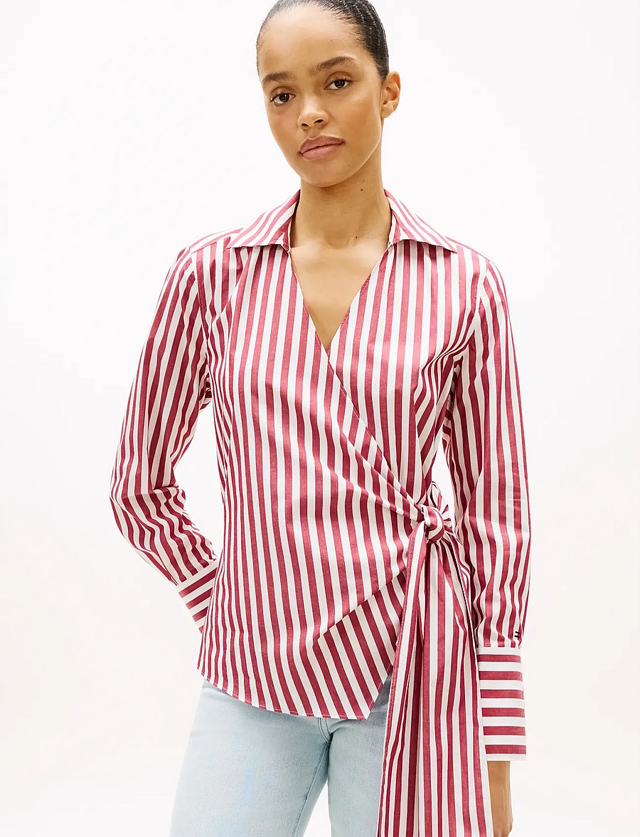 Tommy Hilfiger - POPLIN KNOT BLOUSE WITH LS - blūzes ar garām piedurknēm - wide banker stp ecru liberty red - 0