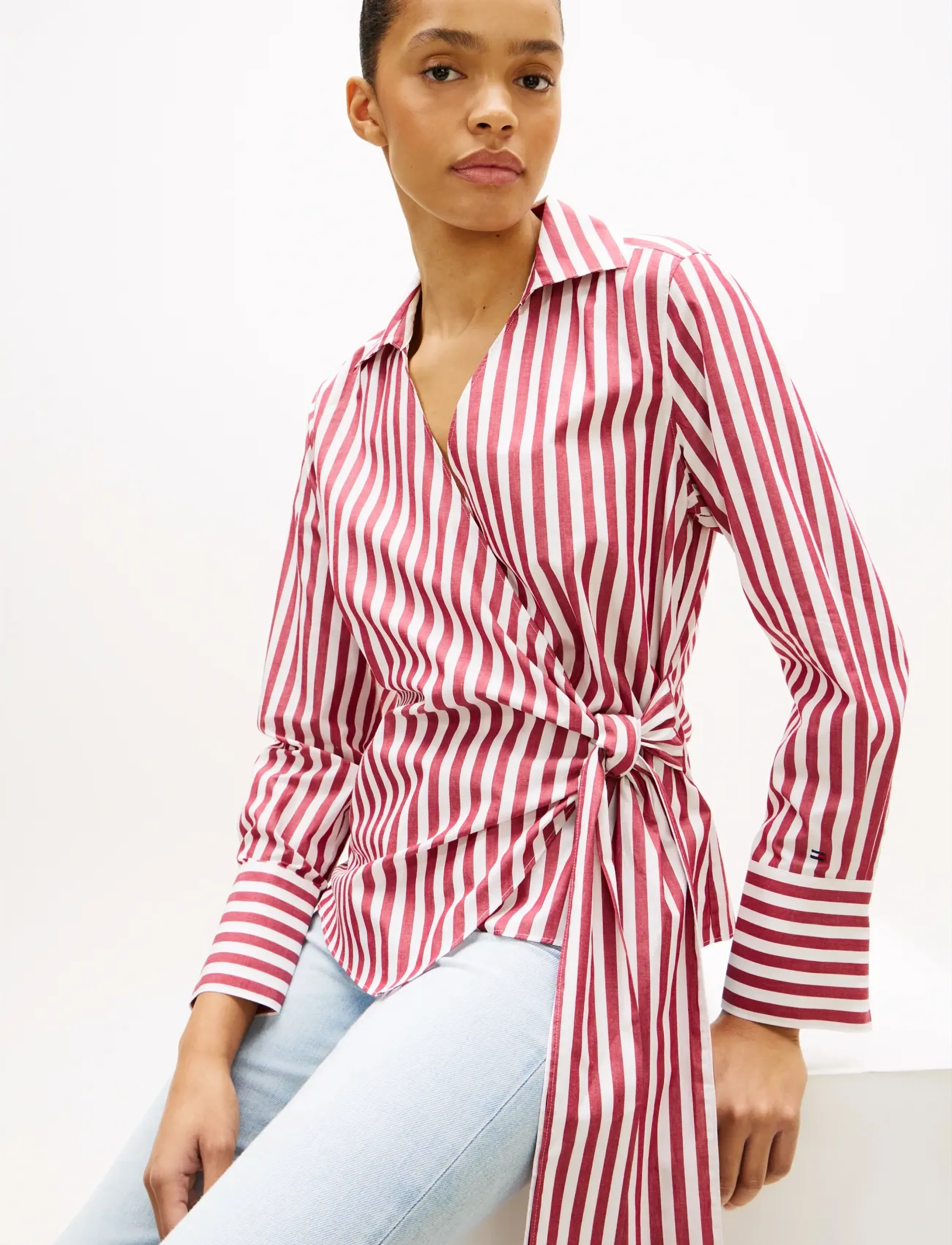 Tommy Hilfiger - POPLIN KNOT BLOUSE WITH LS - langærmede bluser - wide banker stp ecru liberty red - 4