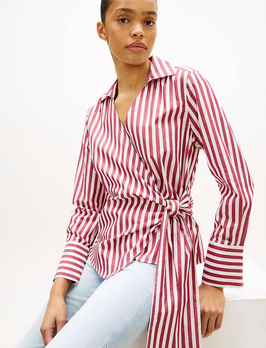 Tommy Hilfiger - POPLIN KNOT BLOUSE WITH LS - blūzes ar garām piedurknēm - wide banker stp ecru liberty red - 4