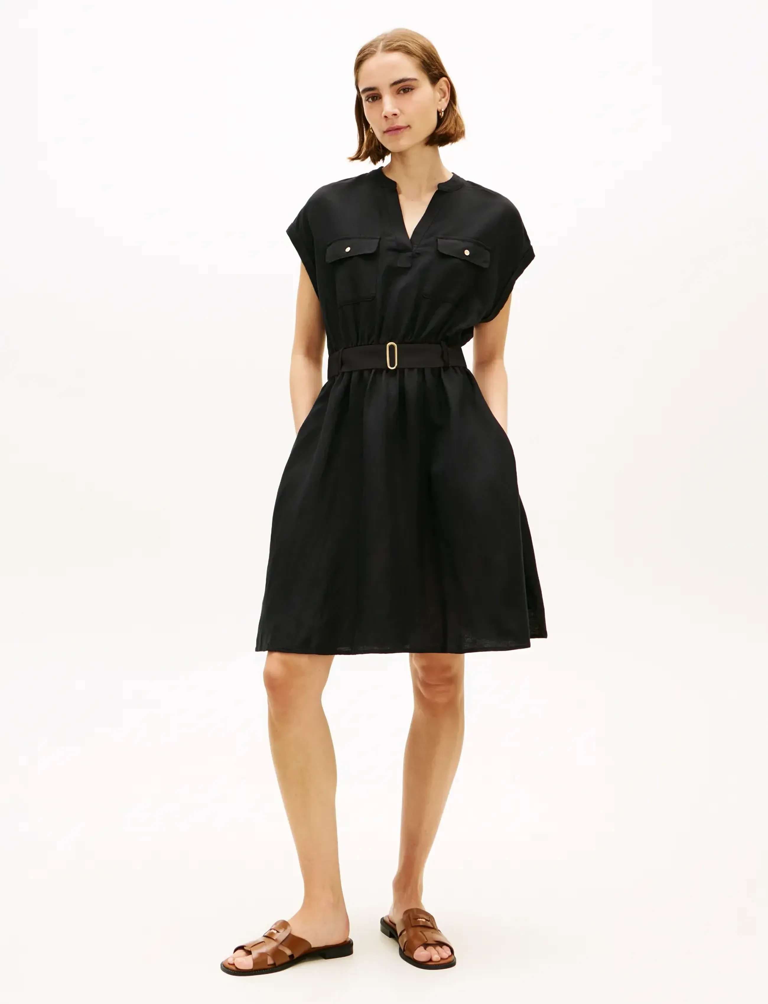 Tommy Hilfiger Vis/Linen Belted Knee Ss Dress, S, Black, Kjoler > Kort Kjole, Dame