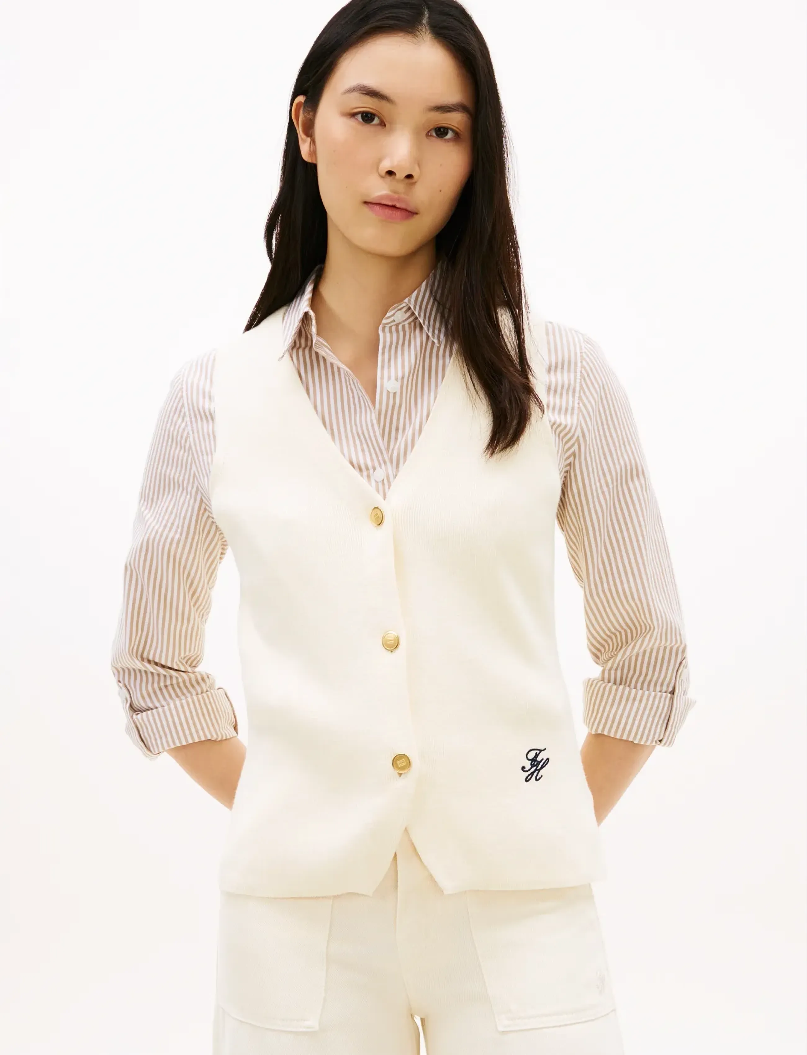 Tommy Hilfiger Co Full Needle Slim Vest, S, Cream, Veste > Strikkede Veste, Dame
