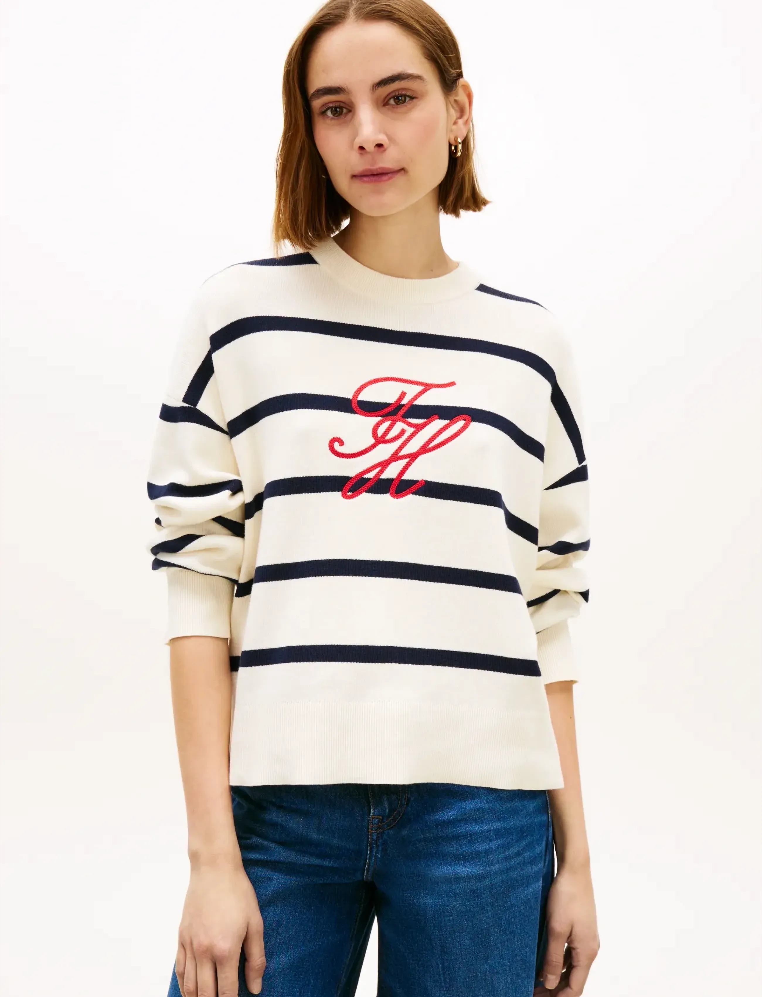 Tommy Hilfiger Full Needle Graphic Sweater, XS, Cream, Strik > Trøjer, Dame