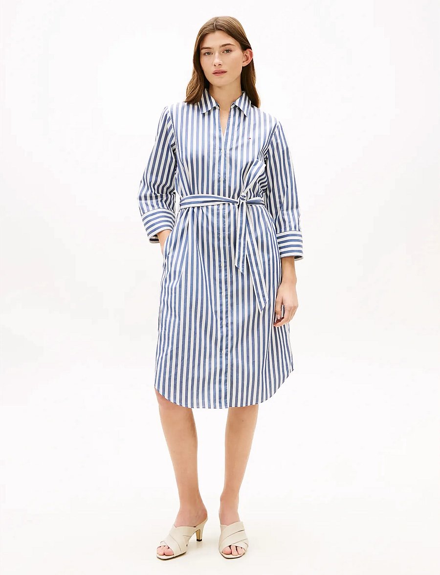 Tommy Hilfiger - ESS POPLIN REG SHIRT DRESS - skjortekjoler - wide banker stp ecru seashore navy - 0