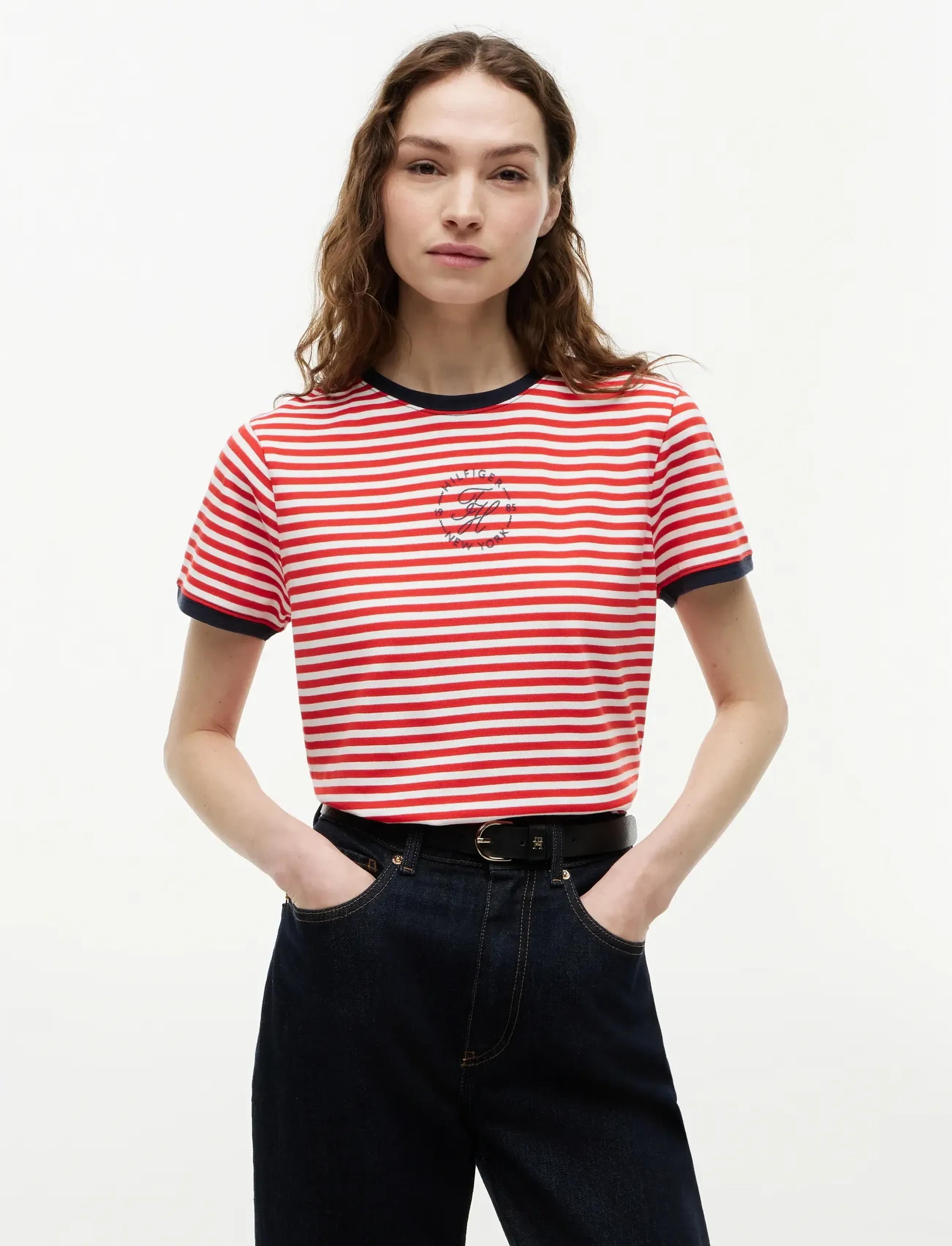 Tommy Hilfiger TH ROUNDAL REG C-NK SS TEE - Tommy Hilfiger - BRETON FIRE RED   ECRU STP / red