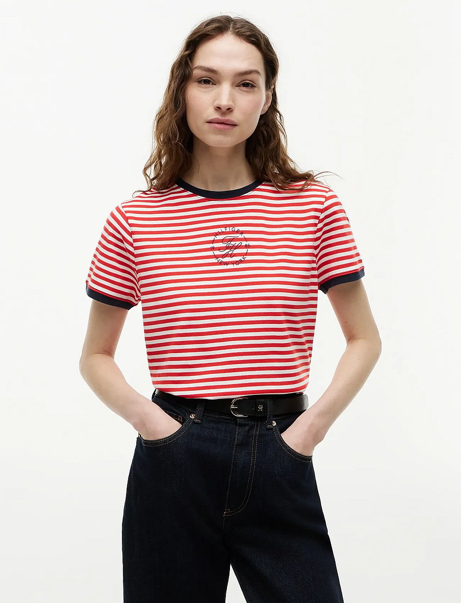 Tommy Hilfiger - TH ROUNDAL REG C-NK SS TEE - t-shirts - breton fire red ecru stp - 0