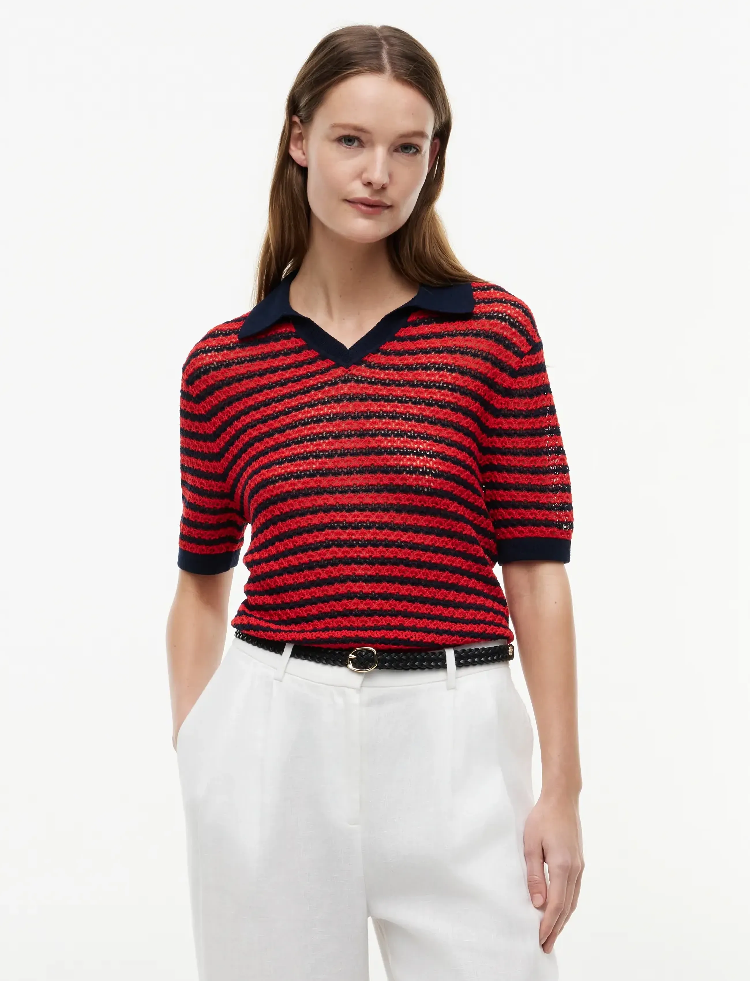 Tommy Hilfiger POINTELLE V-NK POLO SS - Poloshirts - DARK N NAVY FIRE RED STP / red