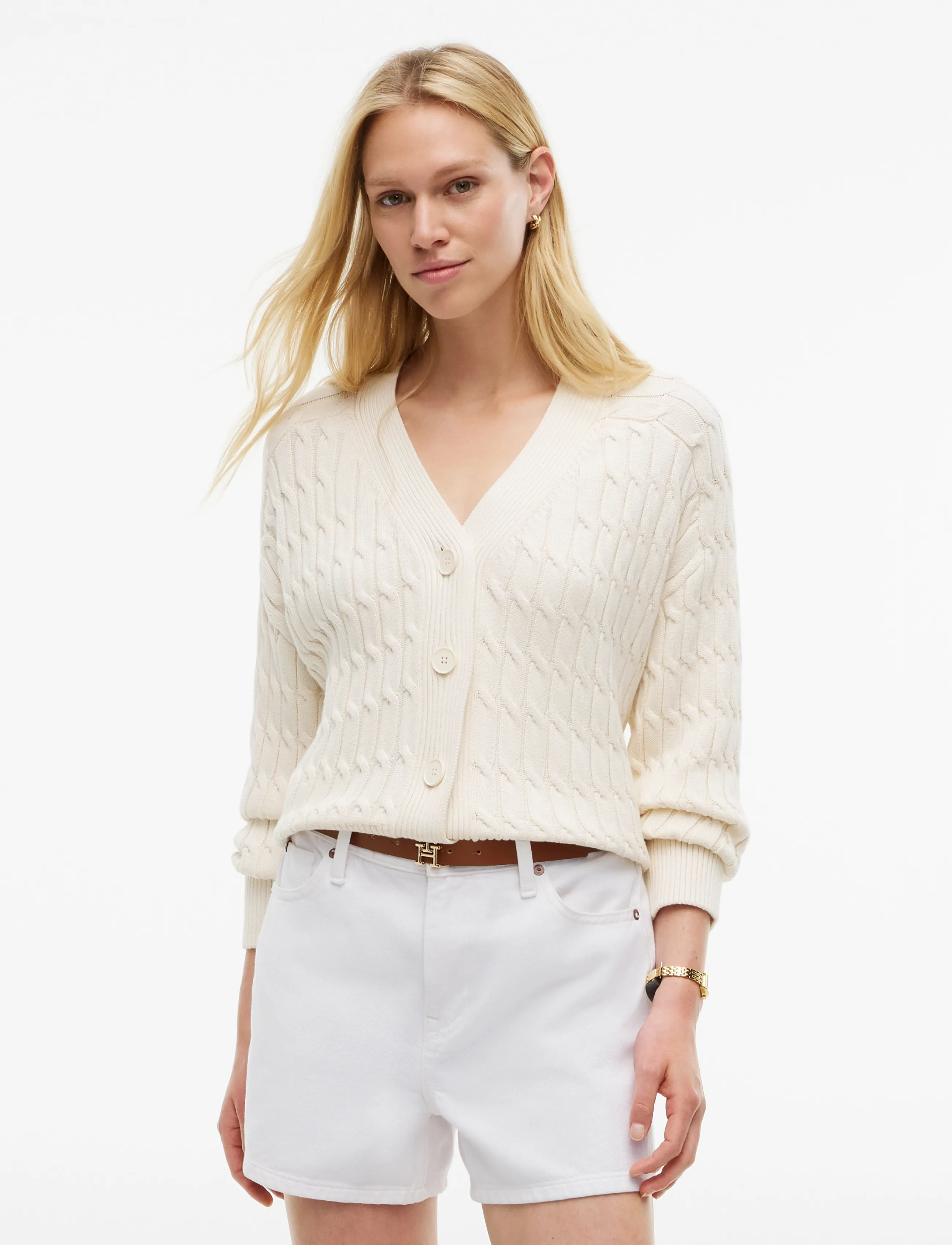 Tommy Hilfiger MID GG CABLE V-NK LS CARDI - Tommy Hilfiger - IVORY PETAL / cream