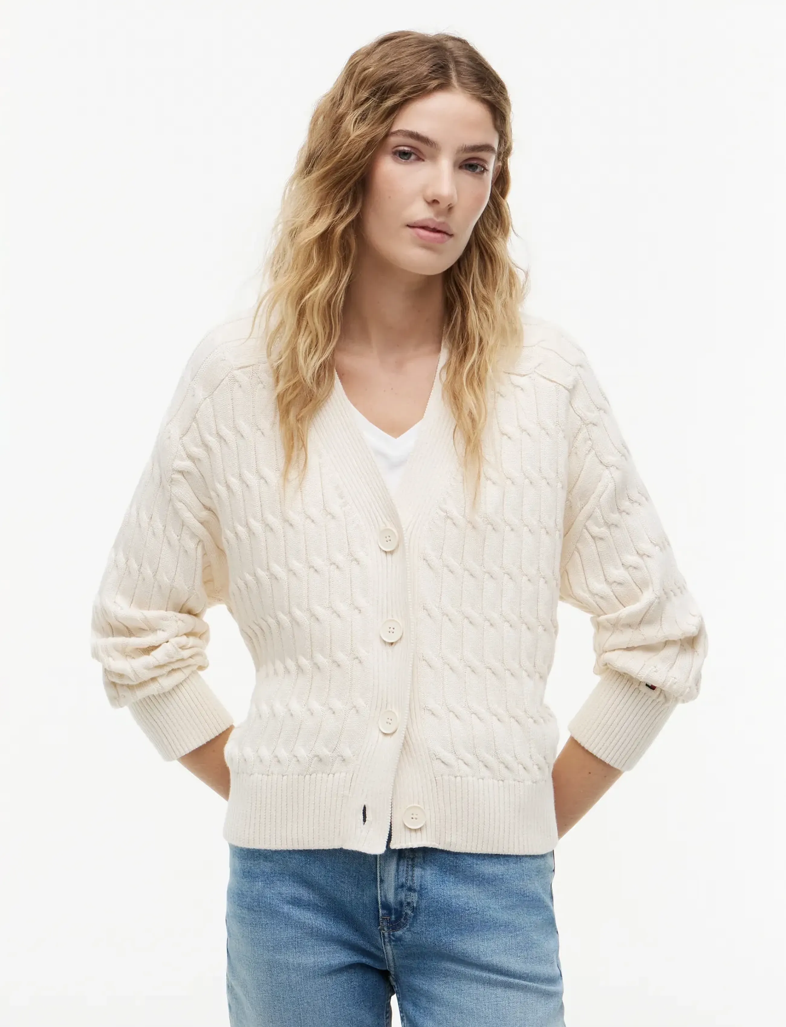 Tommy Hilfiger - MID GG CABLE V-NK LS CARDI - höstkläder - ivory petal - 5