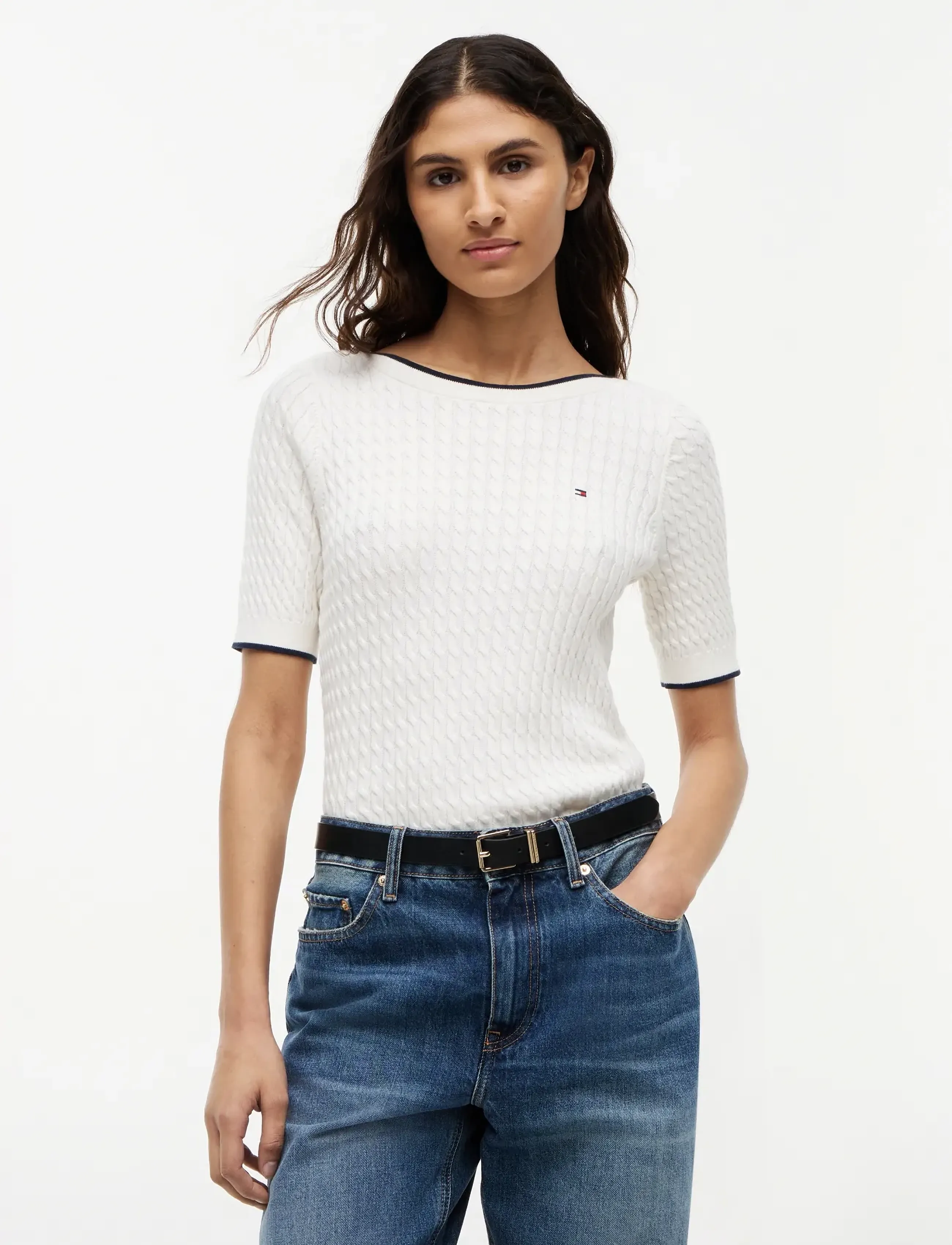 Tommy Hilfiger FINE GG CABLE BOAT NK S/S - Tommy Hilfiger - IVORY PETAL / cream