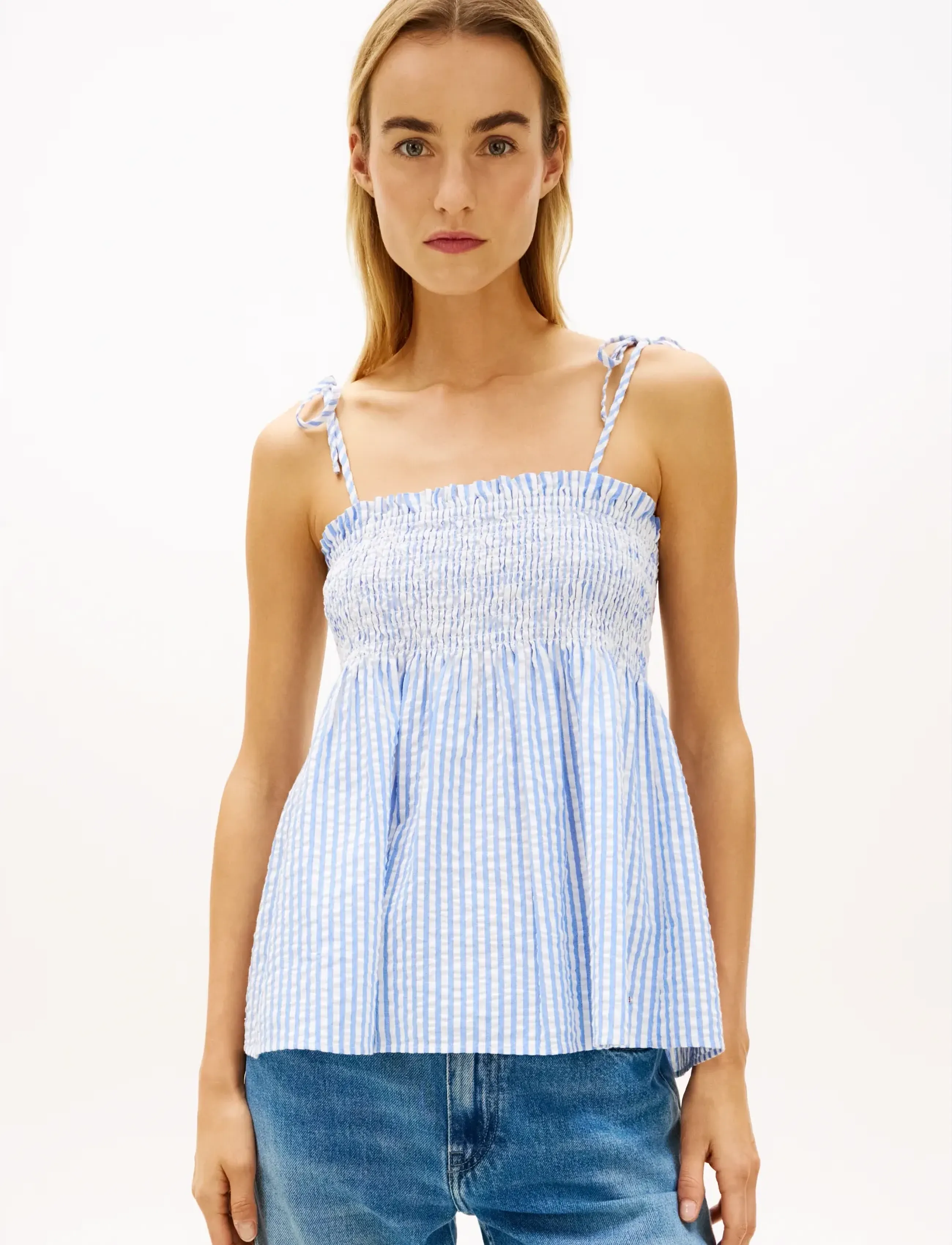 Tommy Hilfiger SWIMSHOP SEERSUCKER SMOCKED TOP - Crop tops - THIN BANKER STP BLUE SPELL WHITE / blue