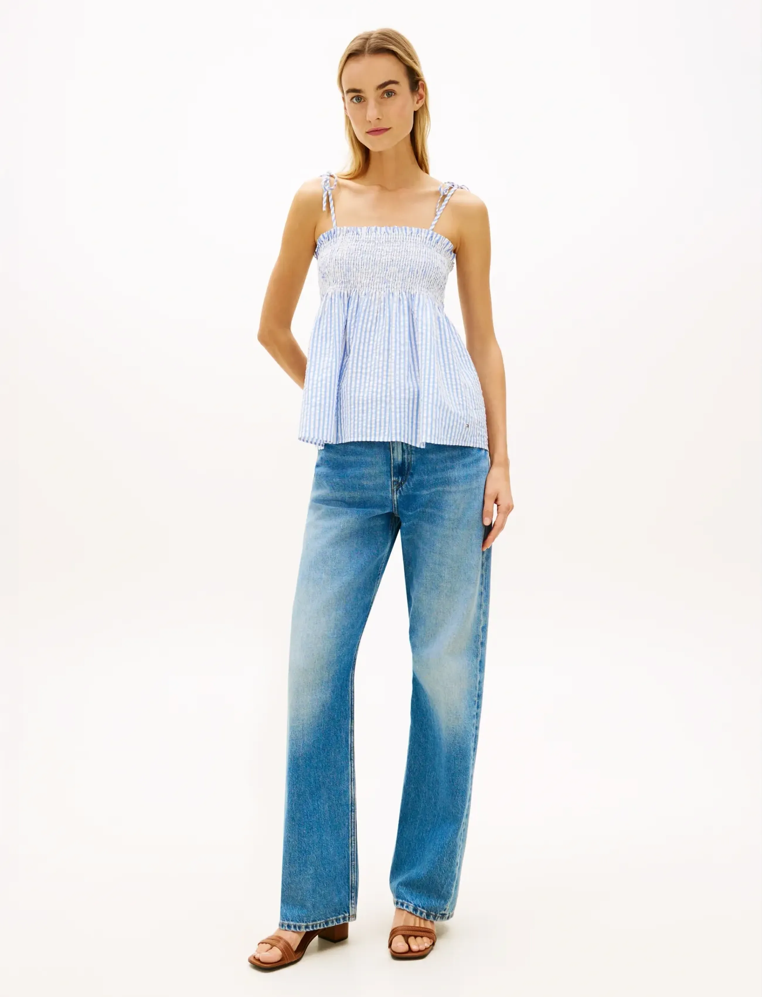 Tommy Hilfiger - SWIMSHOP SEERSUCKER SMOCKED TOP - crop tops - thin banker stp blue spell white - 3