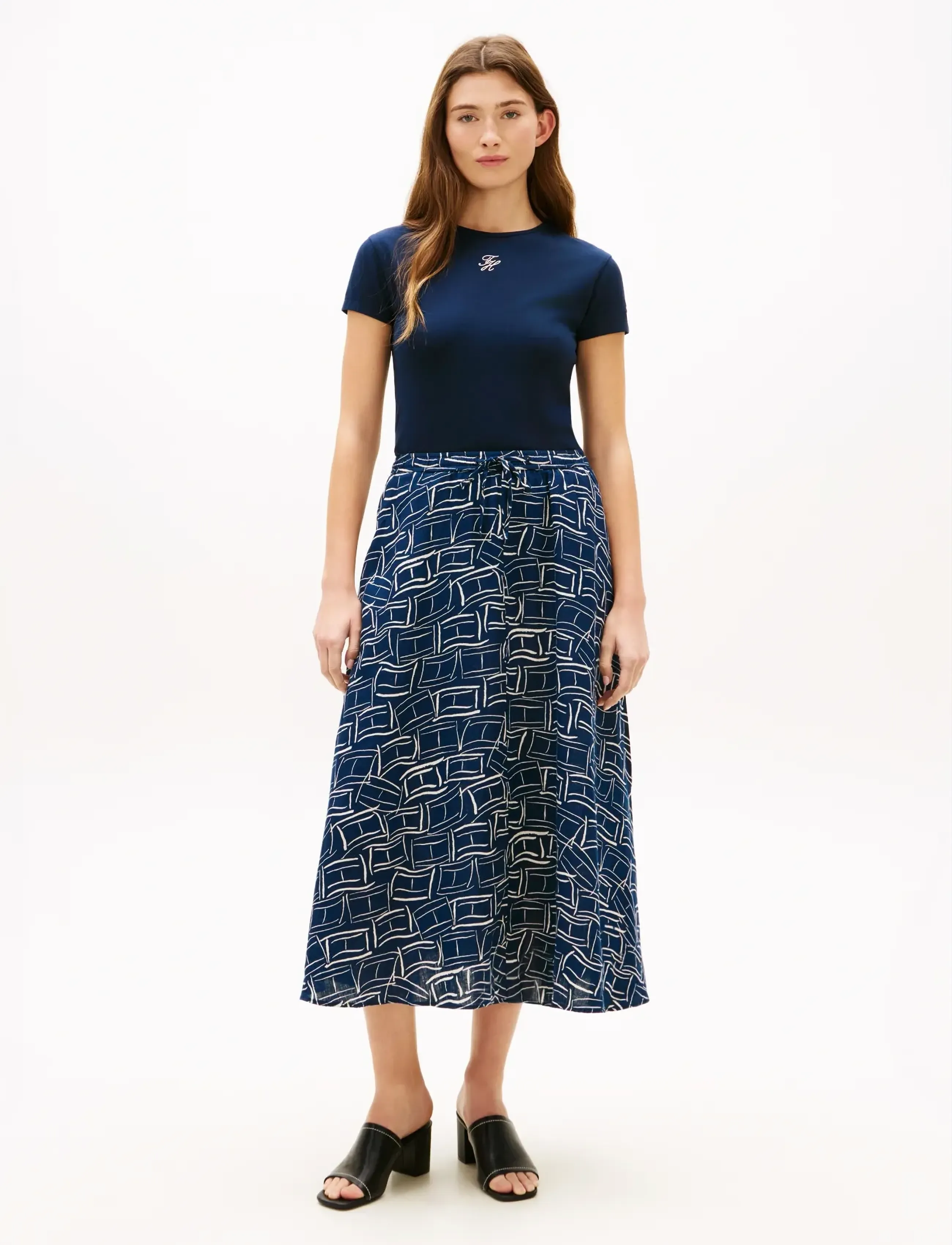 Tommy Hilfiger - ESS LINEN FLARE MIDI SKIRT - midi skirts - flag feathers dark night navy - 3