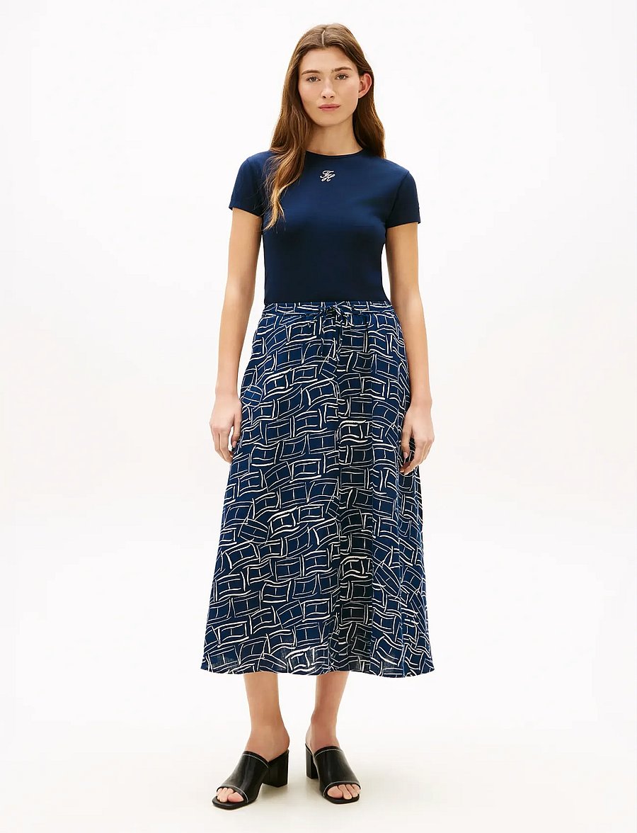 Tommy Hilfiger - ESS LINEN FLARE MIDI SKIRT - midi-röcke - flag feathers dark night navy - 3