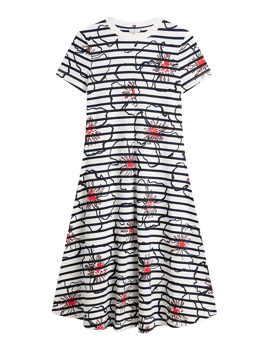 Tommy Hilfiger - INTERLOCK F&F MIDI DRESS - sommerkjoler - breton stp ivory silk navy poppy - 1