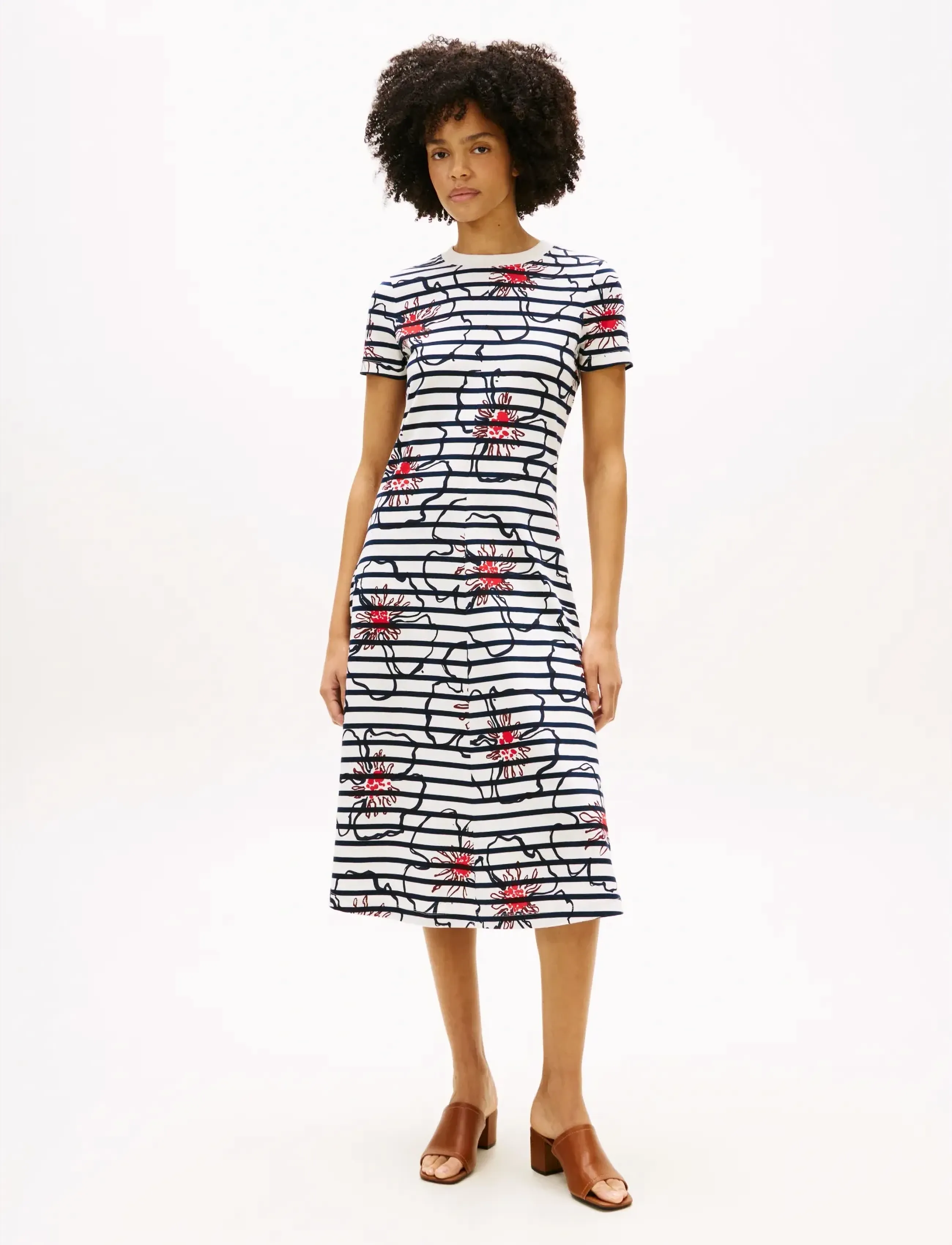 Tommy Hilfiger INTERLOCK F&F MIDI DRESS - Tommy Hilfiger - BRETON STP IVORY SILK   NAVY POPPY / multi