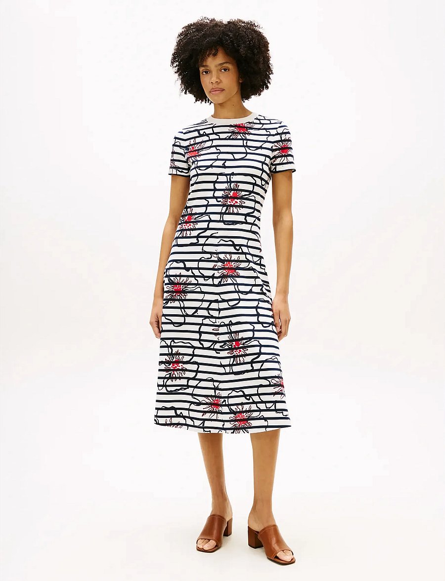Tommy Hilfiger - INTERLOCK F&F MIDI DRESS - sommerkjoler - breton stp ivory silk navy poppy - 0