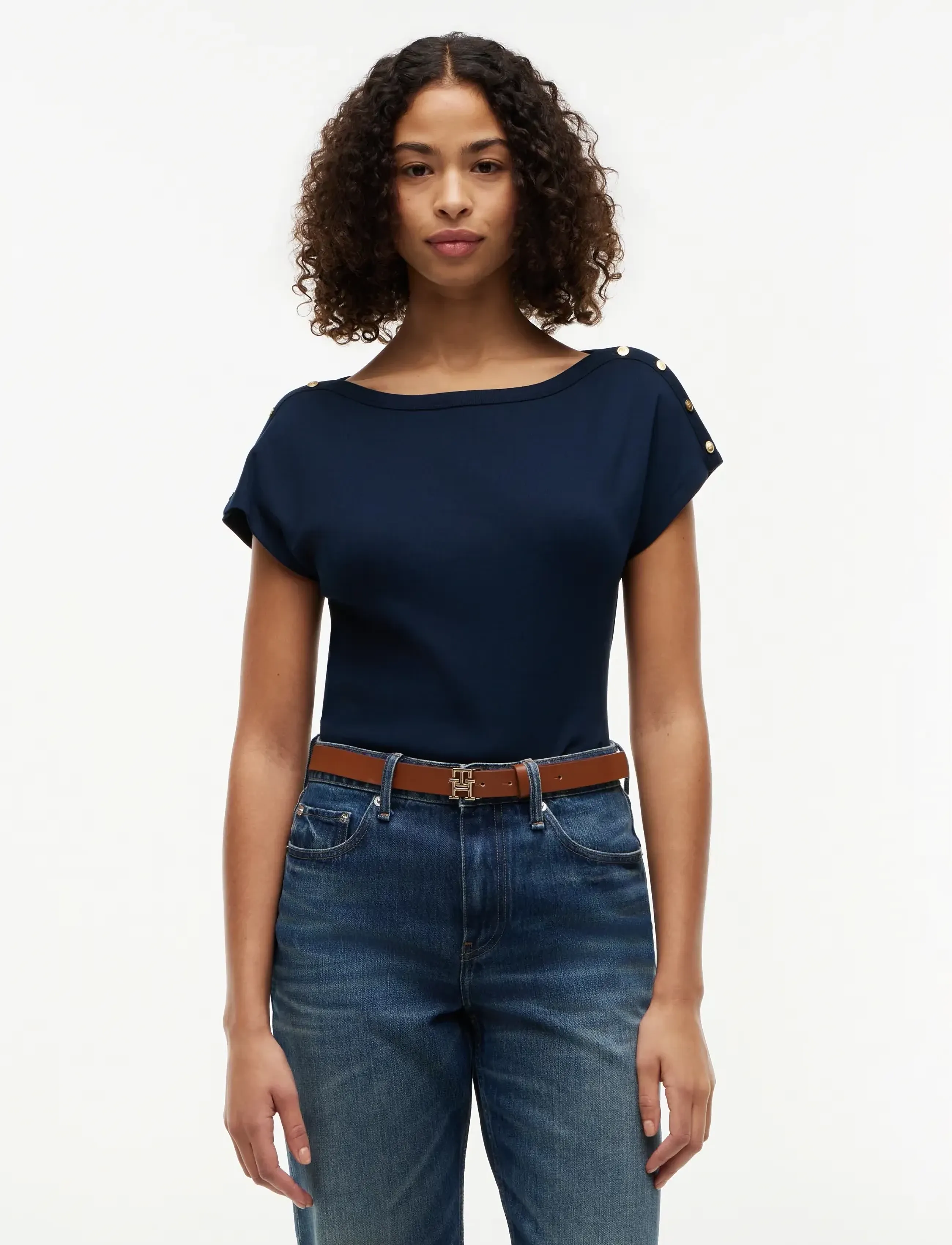 Tommy Hilfiger Gold Btn Cap-Slv Boat-Nk Tee, XL, T-shirts & Oberteile, Marineblau - Short-sleeved, Frauen