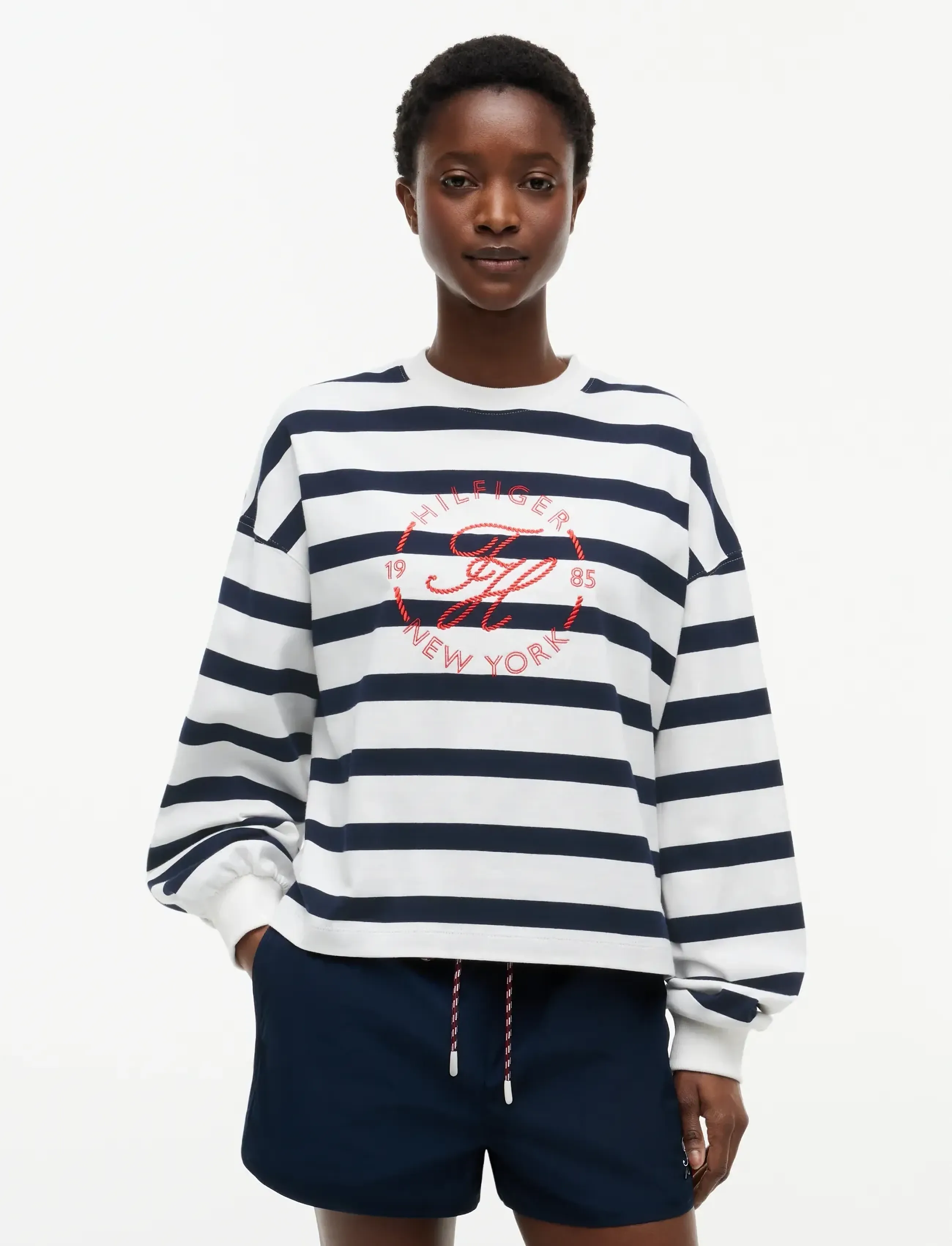 Tommy Hilfiger TH ROUNDAL C-NK RLX LONGSLEEVE - Sweatshirts - WIDE STRP ECRU   DARK NIGHT NAVY / cream