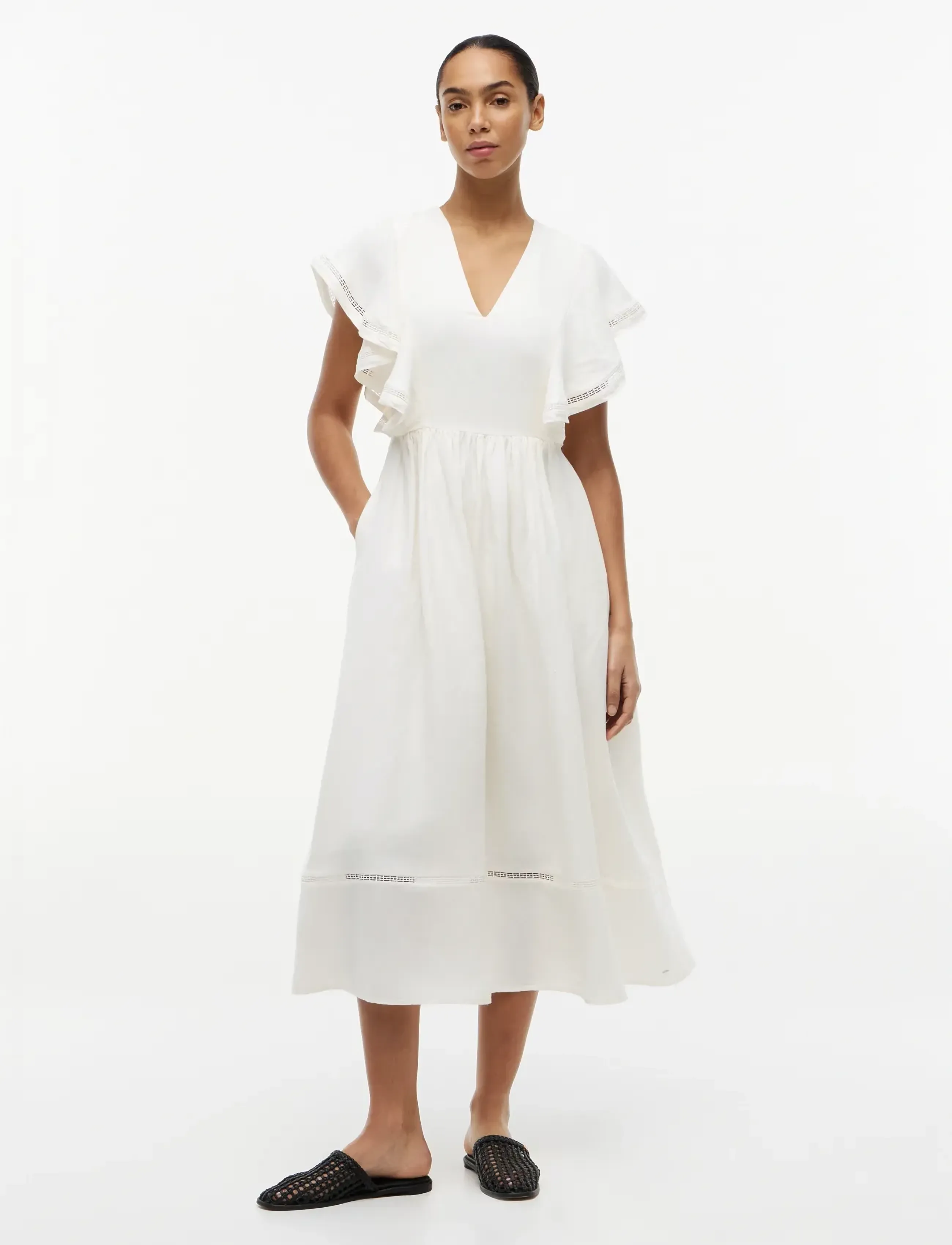 Tommy Hilfiger LINEN FRILL MIDI SS DRESS - Midikleider - IVORY SILK / white