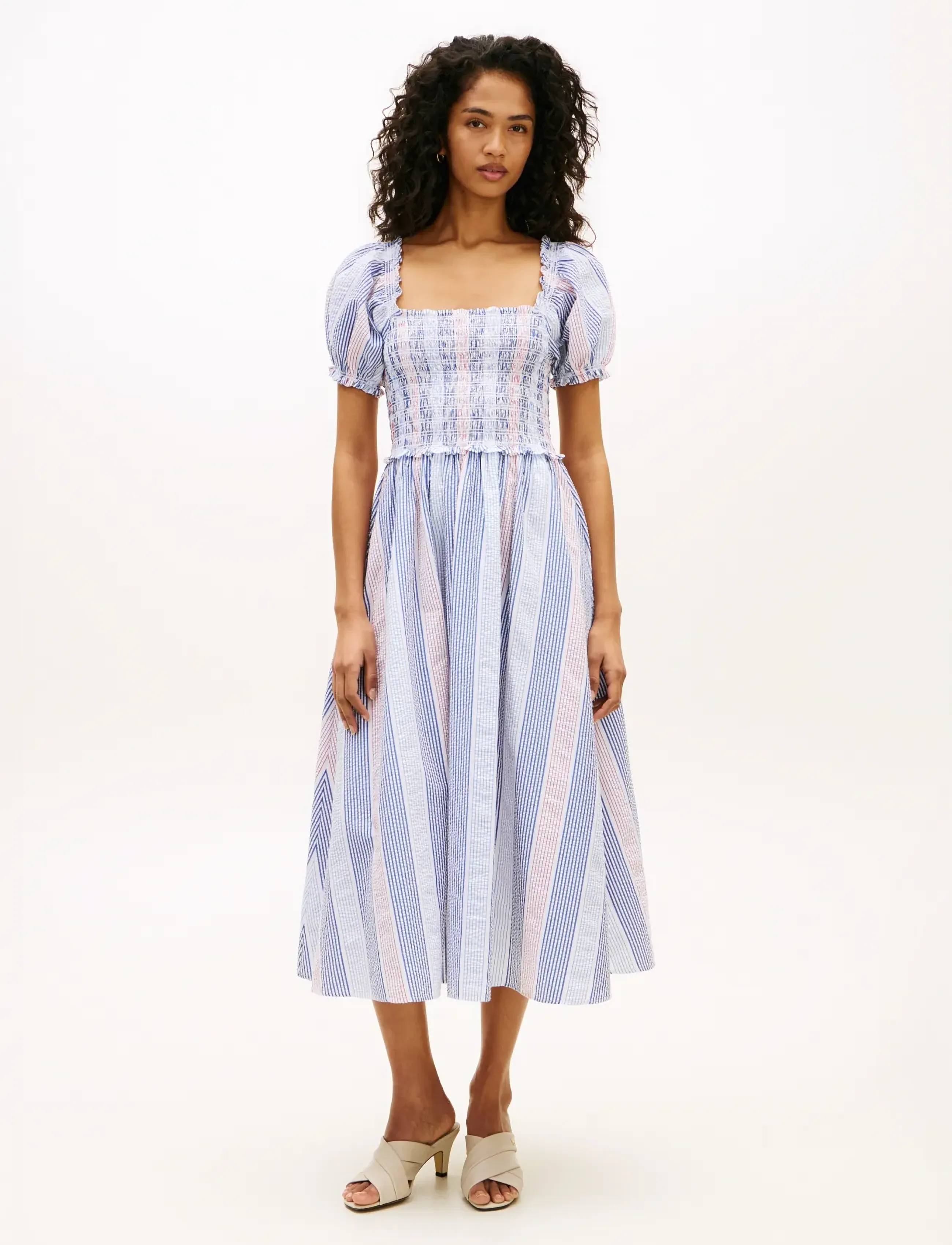 Tommy Hilfiger GINGHAM SMOCK SS MIDI DRESS - Vaatteet - RWB MULTI STRIPE TEXTURE / multi