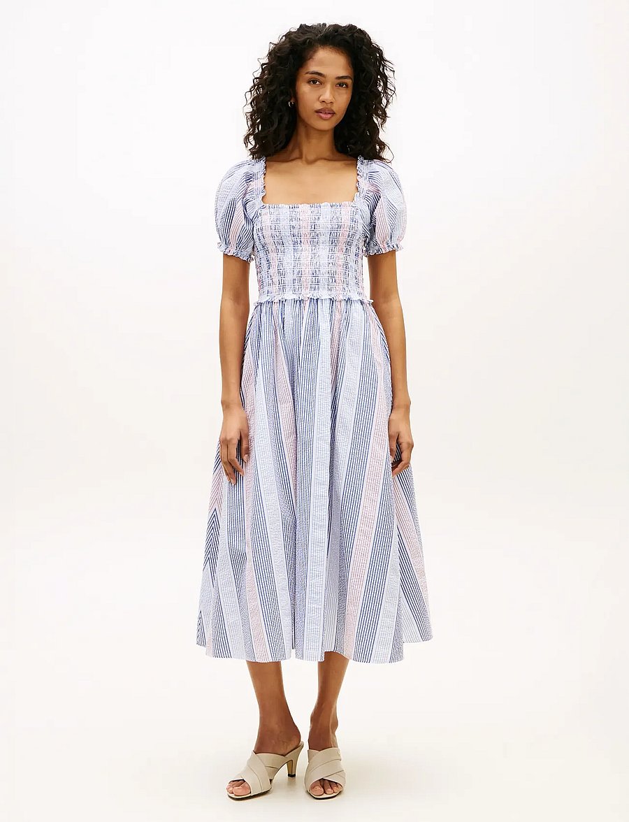 Tommy Hilfiger - GINGHAM SMOCK SS MIDI DRESS - midi kjoler - rwb multi stripe texture - 0